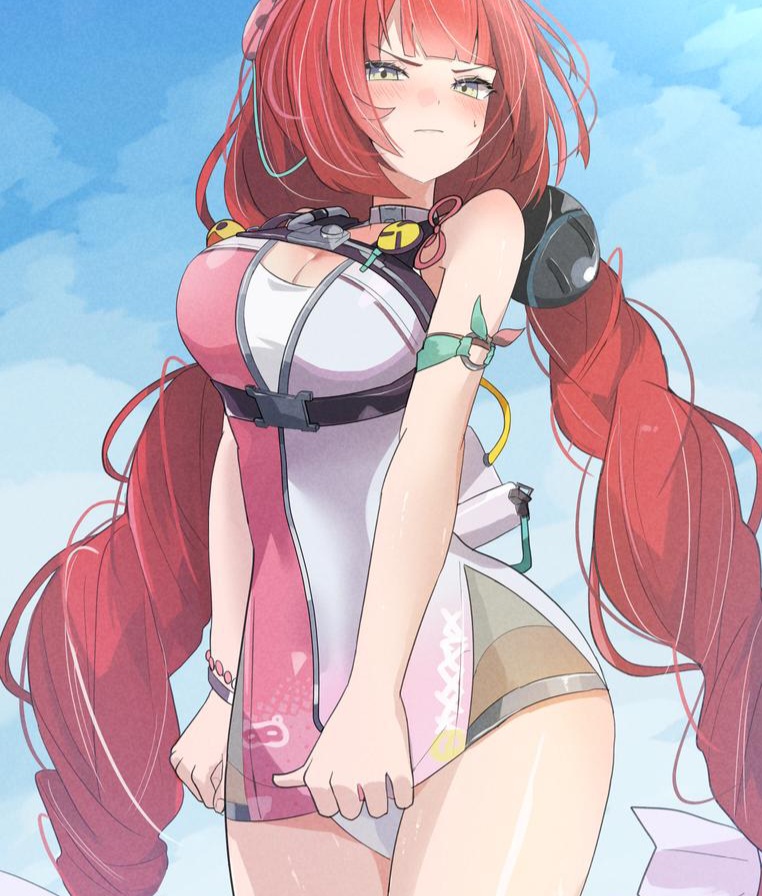 1girls, big breasts, blush, braid, breasts, closed mouth, female, female focus, female only, gaohuang43450, green eyes, light skin, light-skinned female, looking at viewer, mega, megawoillust (gaohuang43450), official alternate costume, one-piece swimsuit, red hair, shy, sky, standing, swimsuit, thick thighs, twin braids, twintails, ukinami yuzuha, ukinami yuzuha (tanuki in broad daylight), zenless zone zero