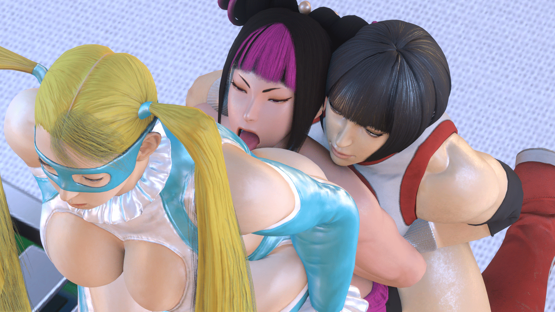 3d, 3girls, animated, ass, ass worship, big ass, big breasts, black hair, blonde hair, bouncing breasts, breasts, capcom, female, female only, gif, huge ass, juri han, kishi, licking ass, rainbow mika, street fighter, street fighter v, thick ass, thick thighs, threesome, wrestling outfit, yamato nadeshiko (street fighter), yuri