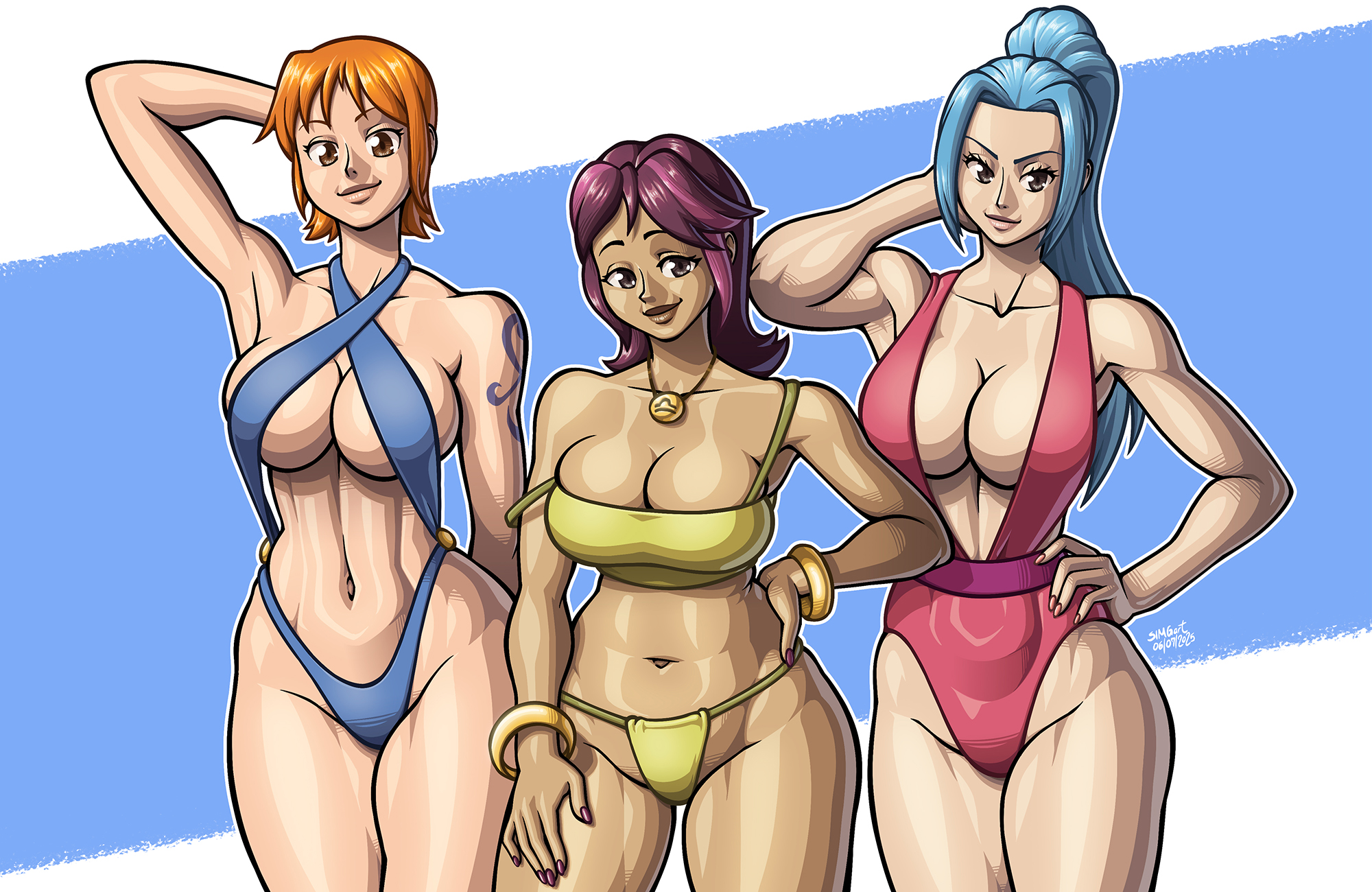 3girls, arm tattoo, big breasts, blue hair, blue tattoo, blue-haired female, breasts, brown eyes, cleavage, crossover, disventure camp, disventure camp: season 2, disventure camp: season 2 beta, eastern and western character, female, female only, hand on hip, hourglass figure, huge breasts, large breasts, long hair, looking at viewer, medium hair, multiple females, multiple girls, nami (one piece), necklace, nefertari vivi, one piece, orange hair, orange-haired female, ponytail, purple hair, purple nails, revealing clothes, rosa maria (disventure camp), short hair, simgart, smile, swimsuit, tattoo, wide hips
