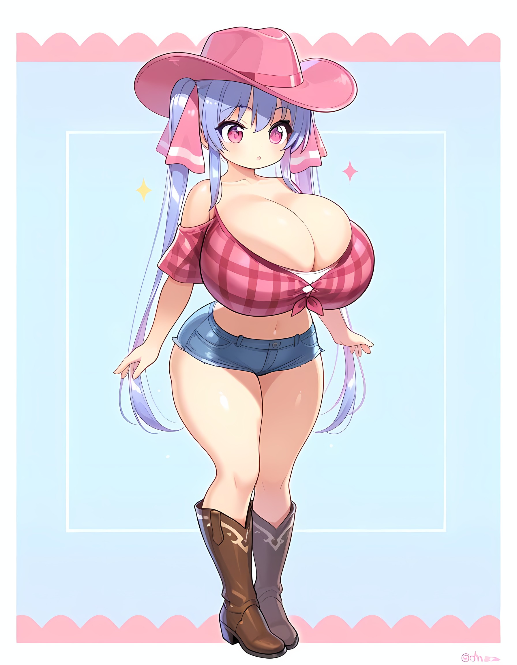 adorable, ai generated, big breasts, blue hair, blush, boots, breasts, cleavage, cowboy hat, cowgirl, crop top, cute, denim, denim clothing, denim shorts, female, hair ornament, hair ribbon, huge breasts, long hair, midriff, navel, pink eyes, plaid, plaid clothes, riko (shuz), shiny skin, short shorts, shortstack, skindentation, solo, sparkles, thick thighs, tight clothing, top heavy, twintails, yodayo