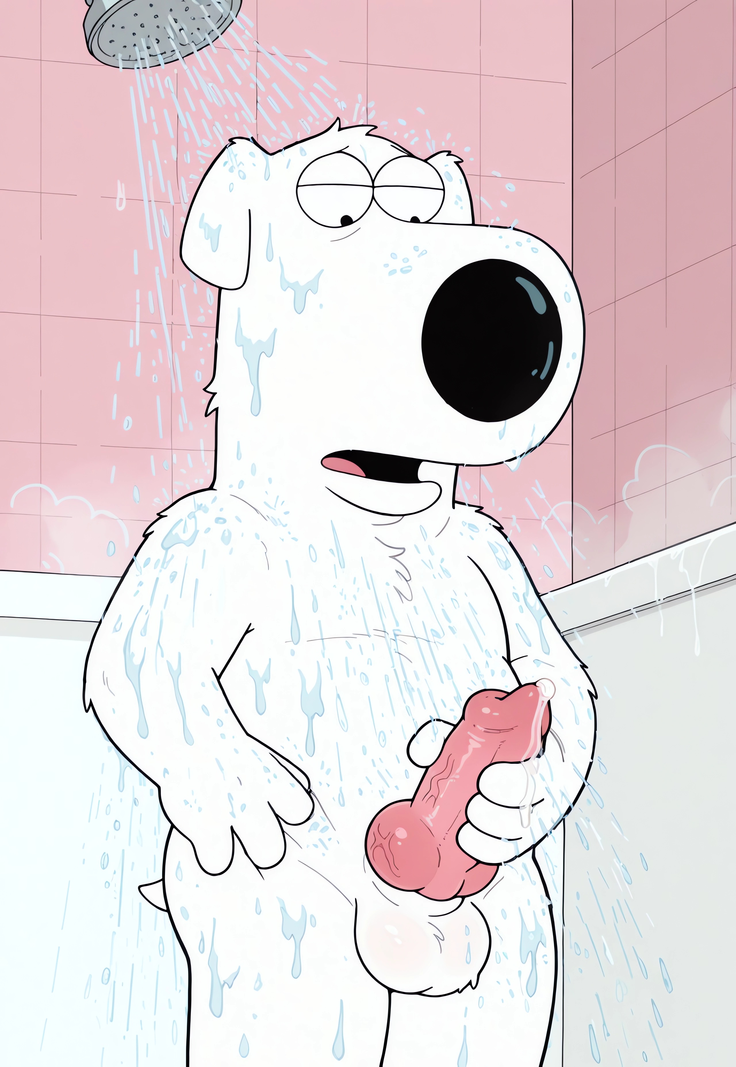 ai generated, balls, brian griffin, canine, canine penis, domestic dog, family guy, fur, hi res, knot, male, male only, masturbation, penis, precum, precum drip, precum string, shower, showering, solo, standing, wet