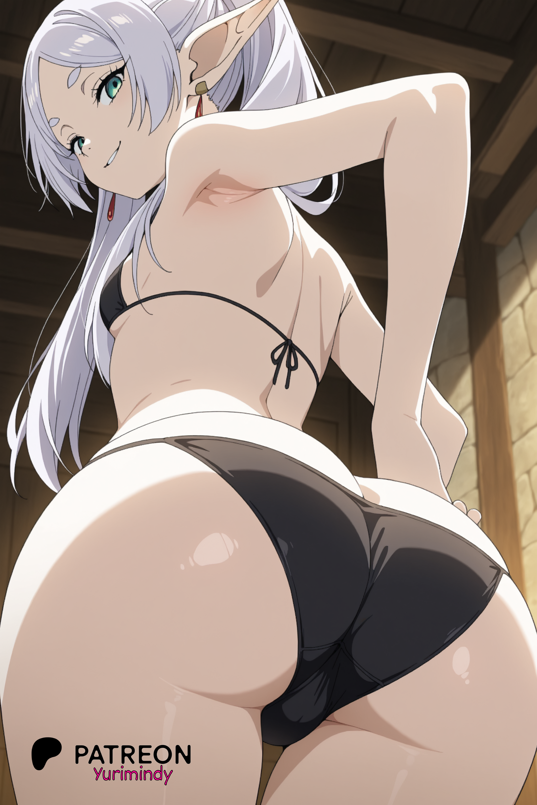 ai generated, armpits, ass, ass bigger than head, ass focus, back, backboob, bikini, breasts, female, female only, frieren, frieren beyond journey's end, green eyes, long hair, looking at viewer, looking back, panties, patreon, patreon username, sousou no frieren, thick thighs, thighs, yurimindy