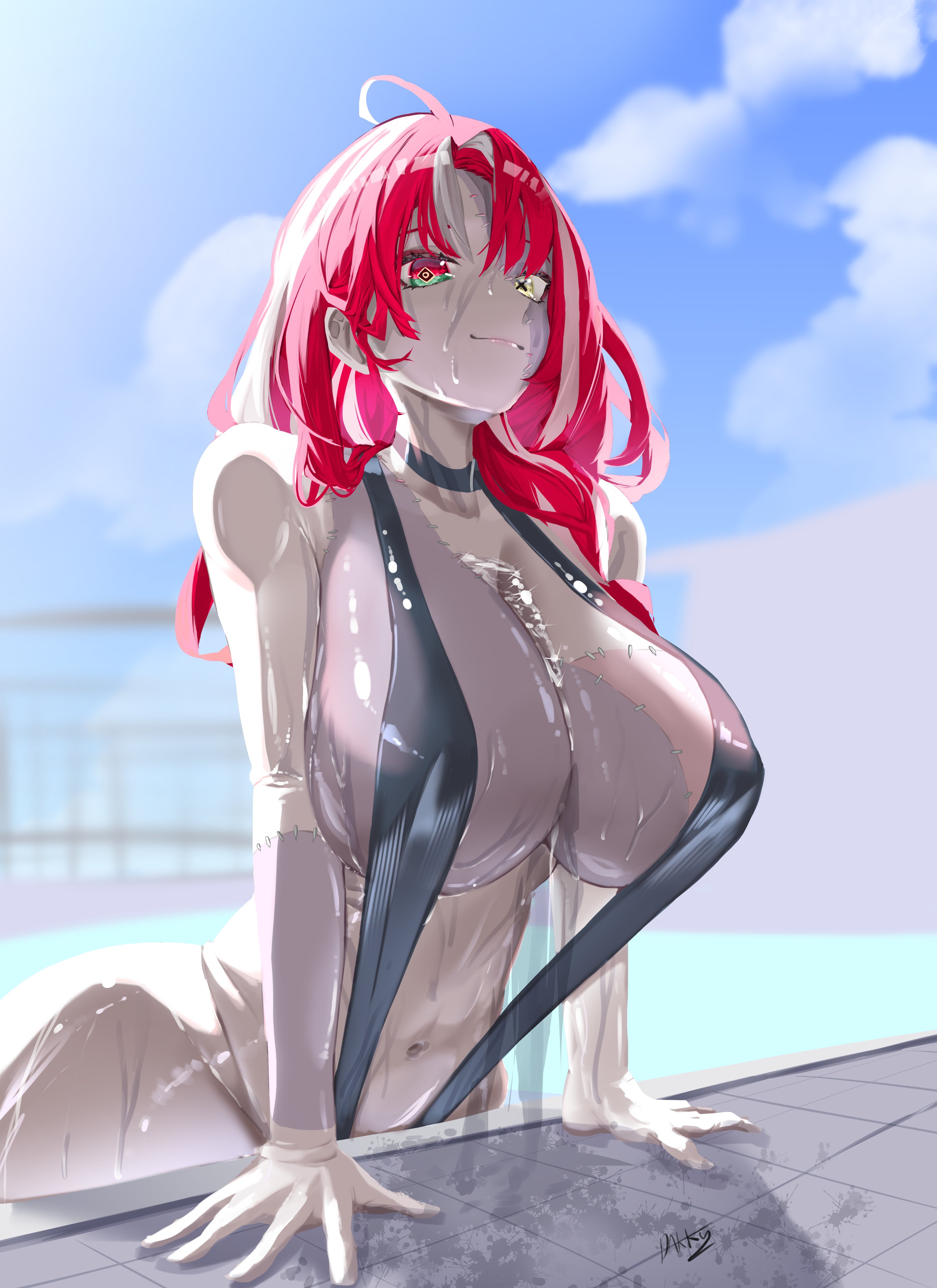 1girls, alternate breast size, bikini, breasts, female, female only, getting out of pool, glistening body, grey skin, hololive, hololive indonesia, hololive indonesia holoro, huge breasts, koizumi arata, kureiji ollie, long hair, patchwork skin, pool, red hair, sallie (kureiji ollie), sling bikini, solo, two-tone hair, two-tone skin, virtual youtuber, wet body, wet skin, zombie, zombie girl