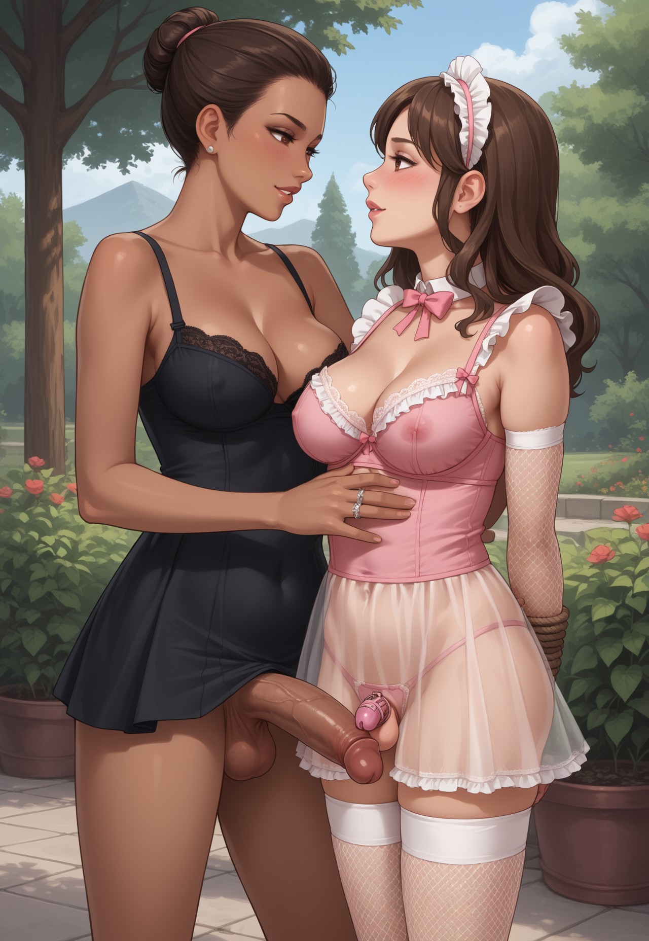 ai generated, chastity cage, futanari, intersex, penis, penis size difference, sissy