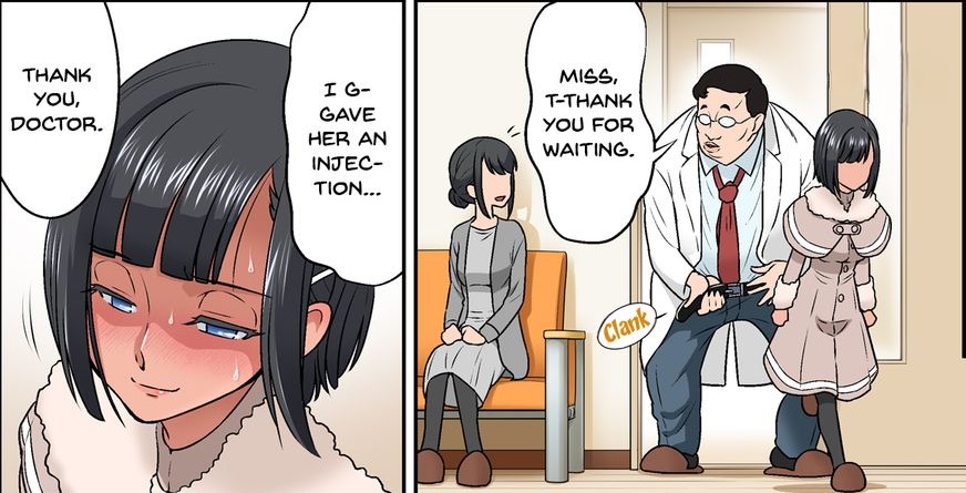 1boy, 1girls, 2girls, acting innocent, after sex, black hair, blue eyes, blush, chubby, chubby male, clothed, clothing, clueless female, cum filled pussy, doujinshi, dozamura, english text, faceless female, fat male, female, glasses, holding cum, hospital, implied creampie, implied cum inside, implied sex, implied vaginal, knocked up, labcoat, lowres, male, mother and daughter, oblivious, oblivious to impregnation, older male, original, pretending, pussy, satisfied smile, secret, shorts, text, ugly bastard, waiting room, walking around with pussy full of cum, younger female