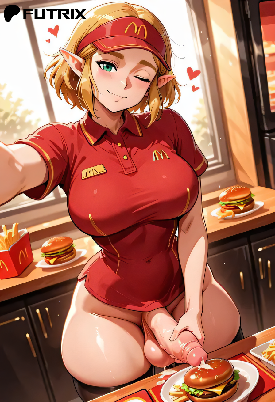 1futa, ai generated, big breasts, breasts, cum, cum drip, cum dripping, cum on food, cumming, fast food, futanari, futrix, intersex, mcdonald's, nintendo, princess zelda, red clothing, short hair, thick ass, thick thighs, zelda (breath of the wild)