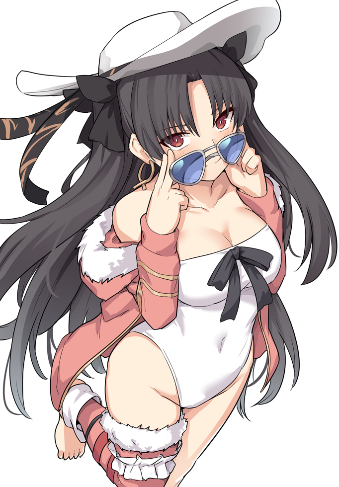 adjusting_eyewear adjusting_glasses aviator_sunglasses bangs barefoot black_hair breasts collarbone covered_navel earrings fate/grand_order fate_(series) female female_only fur_trim hat hat_ribbon hoop_earrings ishtar_(fate) ishtar_(swimsuit_rider)_(fate) jacket jewelry long_hair looking_at_viewer looking_over_eyewear looking_over_glasses medium_breasts parted_bangs pink_hoodie pink_jacket pink_legwear red_eyes ribbon shiseki_hirame solo standing sunglasses swimsuit tinted_eyewear white_background white_headwear white_swimsuit