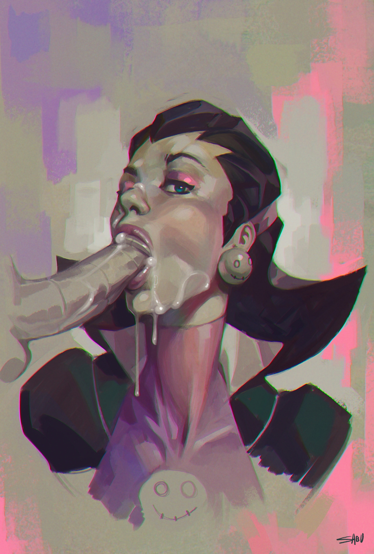 1boy, 1girls, artist name, artist signature, balls, black hair, blowjob, blue eyes, capcom, clothed, clothed sex, clothing, color, cum, cum dripping down chin, cum in mouth, cum on face, earrings, eyeshadow, fellatio, female, female focus, huge cock, lips, looking at viewer, male, male/female, medium hair, mega man, mega man legends, open eyes, partial male, penis, purple eyeshadow, sabudenego, sex, straight, teenage female, teenager, tron bonne, uncensored