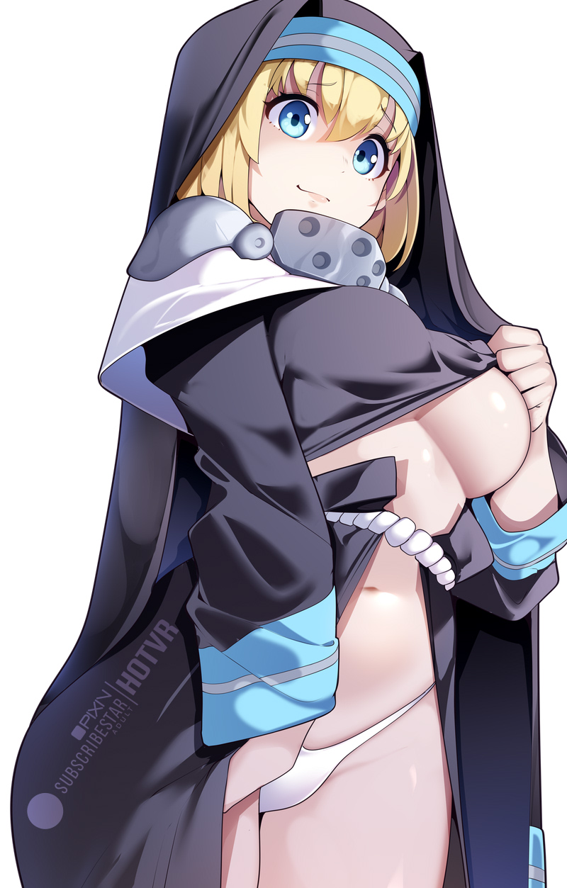1girls, bare belly, bare hips, bare legs, bare navel, bare skin, bare thighs, belly, belly bulge, belly button, big breasts, black clothes, black dress, black outfit, black topwear, blonde eyebrows, blonde female, blonde hair, blonde-haired female, blue eyes, blue-eyed female, breasts, busty, busty female, closed mouth smile, clothes, curvaceous, curvaceous body, curvaceous female, curvaceous figure, curvaceous hips, curvy, curvy body, curvy female, curvy figure, curvy hips, digital, digital art, digital drawing, digital drawing (artwork), digital media, digital media (artwork), dress, enen no shouboutai, exposed belly, exposed hips, exposed legs, exposed navel, exposed skin, exposed thighs, exposing, exposing breasts, exposing chest, exposing self, female, female focus, female only, fingers, fire force, groin, hair between eyes, high resolution, highres, hotvr, hourglass figure, large boobs, large breasts, lean figure, lips, looking at viewer, looking down, looking down at viewer, medium hair, midriff, narrow waist, navel, neck guard, nun, nun outfit, outfit, panties, plump breasts, shiny breasts, shiny legs, shiny skin, shiny thighs, shoulders, showing breasts, showing chest, simple background, sister iris (enen no shouboutai), sister iris (fire force), slender body, slender waist, slim waist, smile, smiley face, smiling, smiling at viewer, smirk, solo, standing, thick thighs, thigh gap, thighs, thong, topwear, underboob, underwear, upper body, voluptuous, voluptuous female, white background, white panties, white thong, white underwear, wide hips