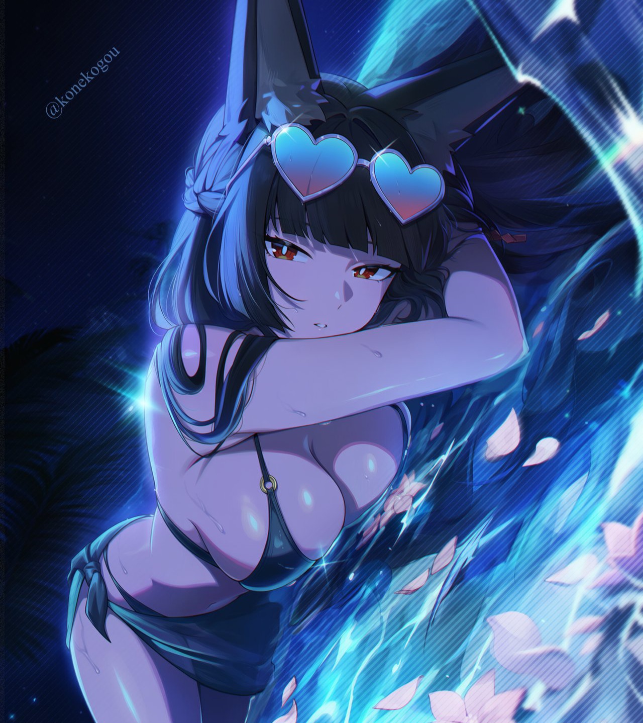 1girls, ai assisted, ai generated, animal ears, big breasts, bikini, black bikini, black hair, breasts, cleavage, female, female focus, female only, glasses, glasses on head, heart glasses, heart-shaped glasses, highres, hoshimi miyabi, konekogou, large breasts, light skin, light-skinned female, looking away, parted lips, red eyes, swimsuit, water, wet, wet body, zenless zone zero