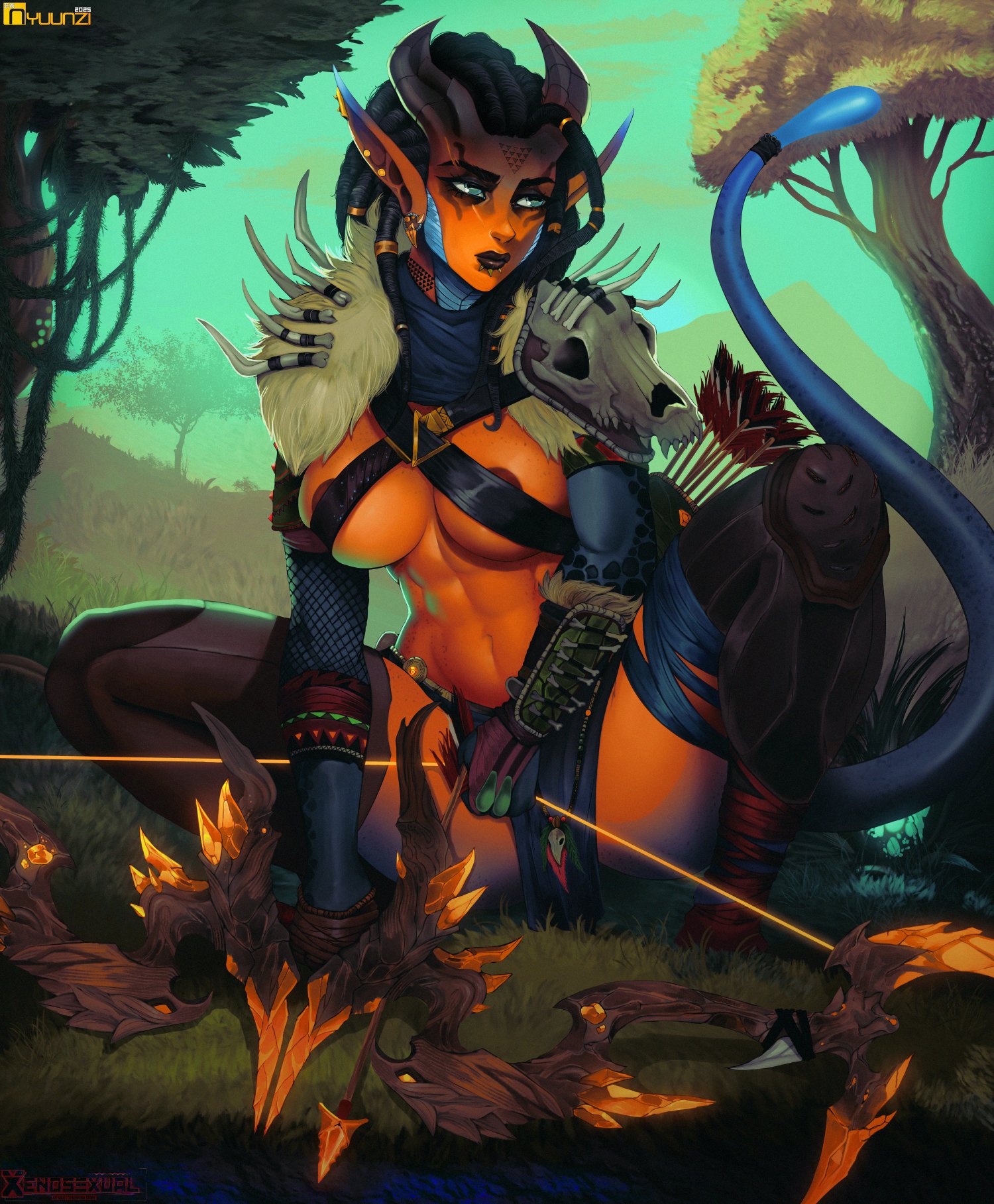 alien, alien girl, bow, chymlaxi, female, forest, hunter, jungle, nyuunzi, r'han-m-bata (devillelynn), solo female, xenosexual