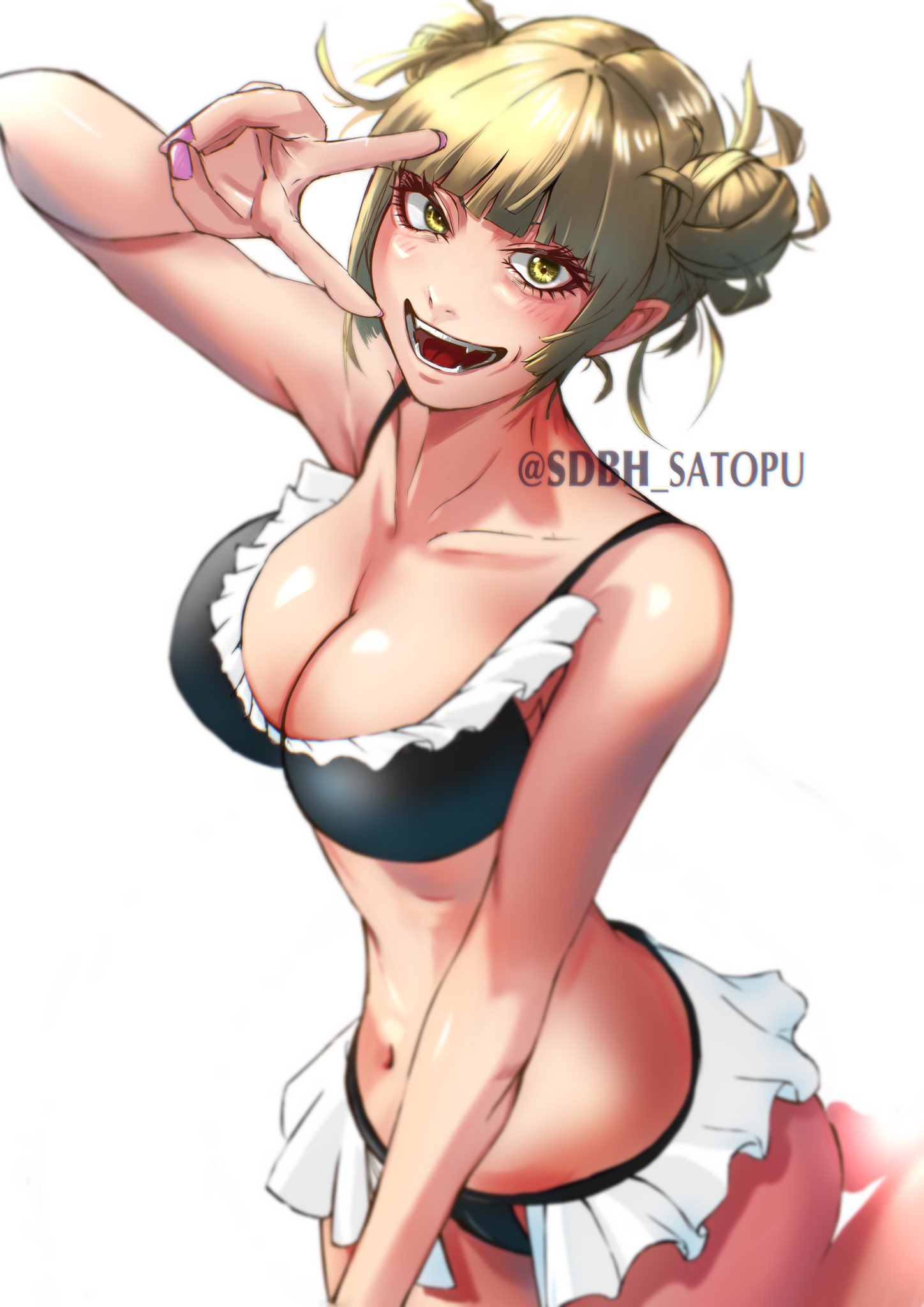 1girls, arm above head, arm up, armpit, armpit crease, armpit peek, armpits, bare belly, belly, belly button, bikini, bikini bottom, bikini only, bikini top, black bikini, black bikini bottom, black bikini top, black string bikini, black swimsuit, black swimwear, blonde eyebrows, blonde female, blonde hair, blonde-haired female, blunt bangs, boku no hero academia, breasts, busty, busty female, busty teenager, cleavage, collarbone, curvaceous, curvaceous body, curvaceous female, curvaceous figure, curvaceous hips, curvaceous teenager, curvy, curvy body, curvy female, curvy figure, curvy hips, digital, digital art, digital drawing, digital drawing (artwork), digital media, digital media (artwork), elbows, exposed belly, female, female focus, female only, fingernails, fingers, hair bun, hairless armpits, halterneck, hand above head, hand up, high resolution, highres, himiko toga, hourglass figure, large breasts, lean figure, looking at viewer, midriff, my hero academia, nail polish, nails, narrow waist, navel, peace sign, pink fingernails, pink nail polish, pink nails, sdbh satopu, shaved armpits, shiny breasts, shiny hair, shiny nipples, shiny shoulders, shiny skin, short hair, shoulders, sign, simple background, slender body, slender waist, slim waist, solo, standing, string bikini, swimsuit, swimwear, teenage female, teenager, twin buns, upper body, v, v sign, white background, wide hips, yellow eyes, yellow-eyed female, young female, young woman