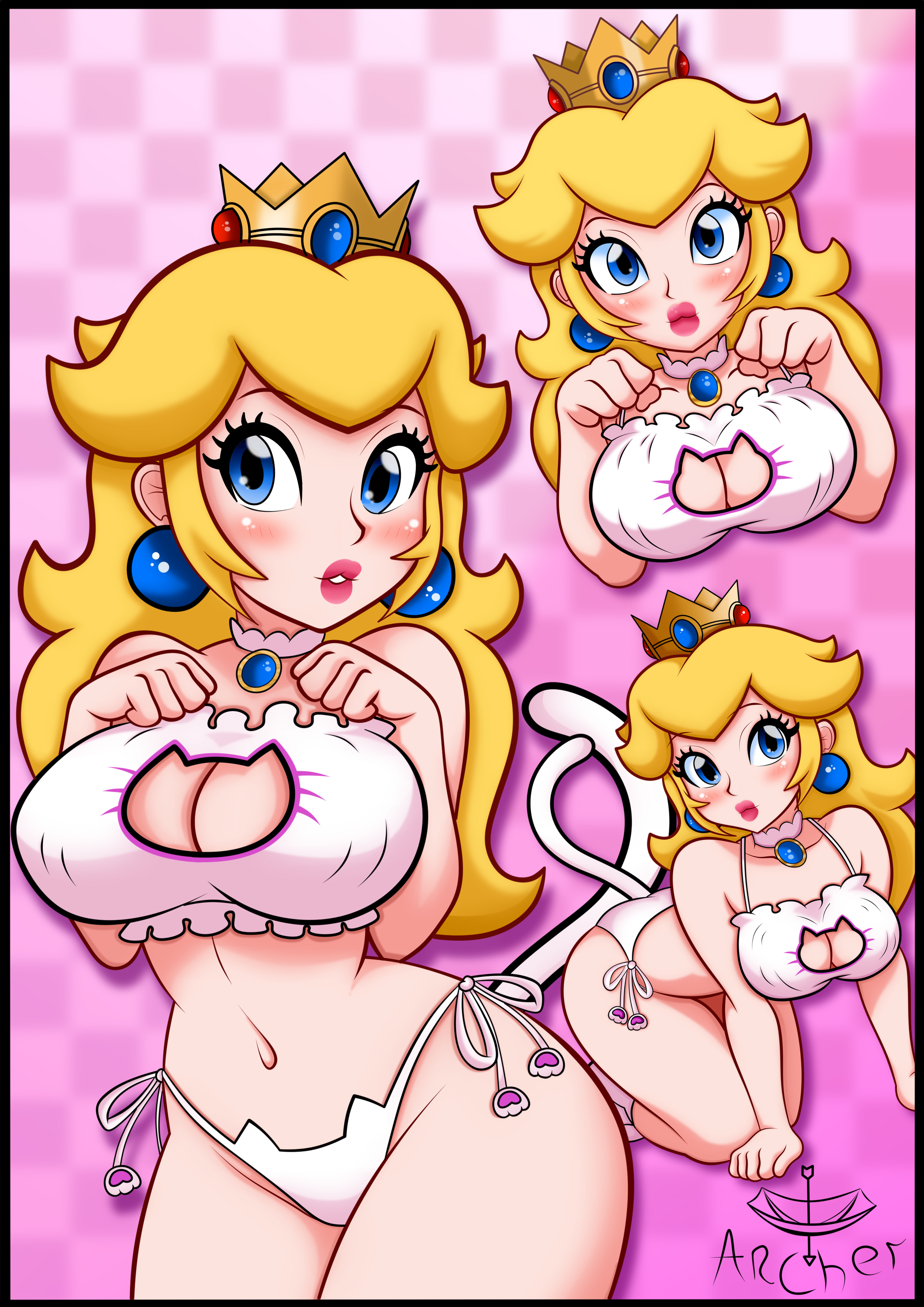 1girls, all fours, big breasts, blonde hair, blue eyes, blush, bottomwear, breasts, cat bikini, cat cutout, cat lingerie, cat tail, cleavage, close-up, crown, ear piercing, earrings, fake tail, female, female only, hair, headwear, hips, huge breasts, lingerie, lips, long hair, mario (series), multiple views, nintendo, parted lips, princess peach, solo, solo female, tail, thick lips, topwear, wide hips, yularcher