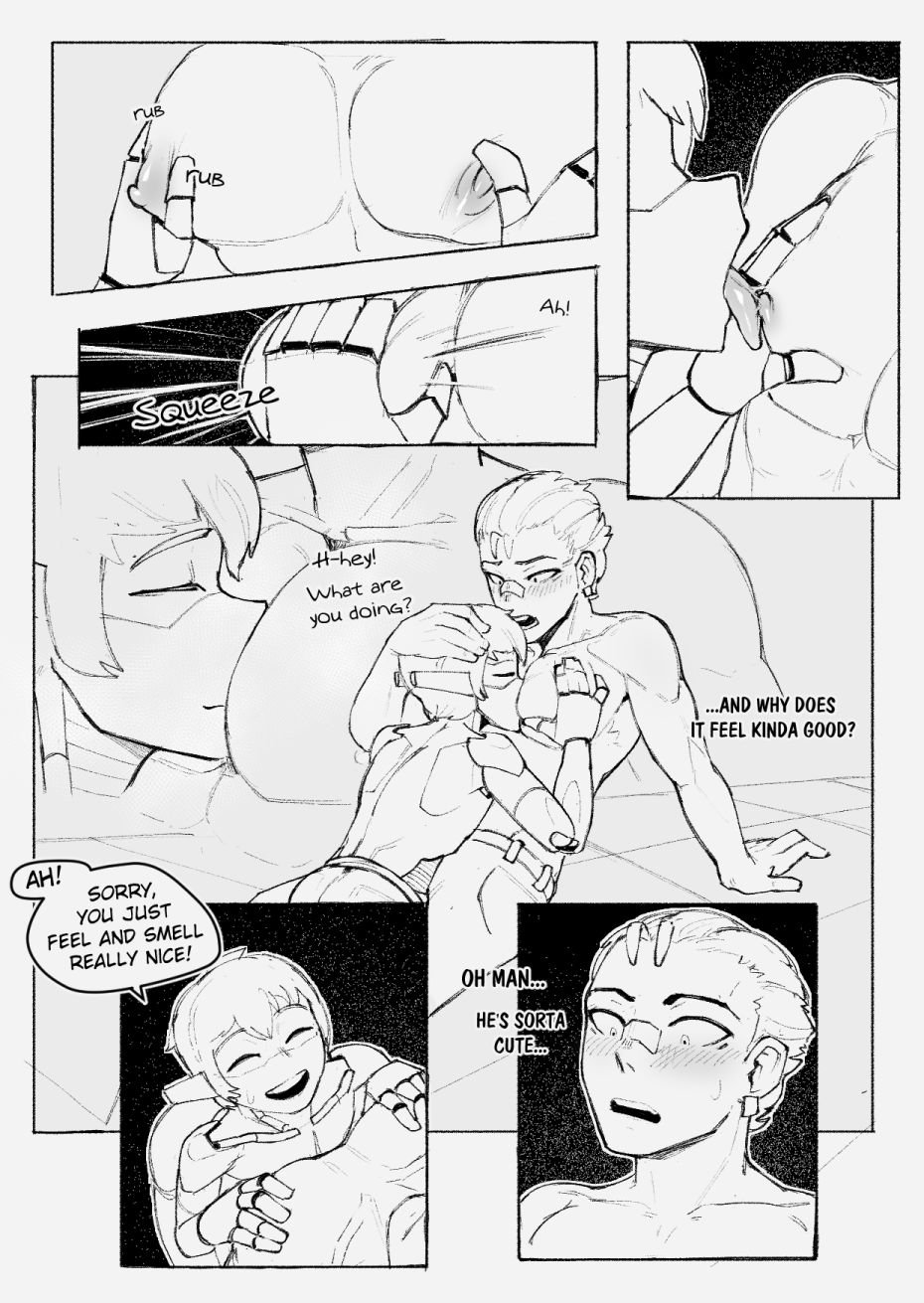 2boys alec_(cheesecrumbles) blush cheesecrumbles comic femboy gay girly isaac_(cheesecrumbles) male male_only monochrome nipple_licking nipple_tweak robot speech_bubble text trap yaoi