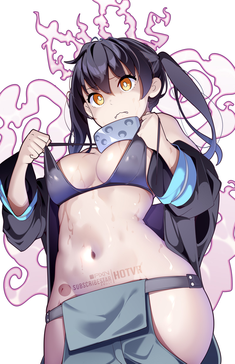 1girls, bare belly, bare chest, bare hands, bare hips, bare midriff, bare navel, bare shoulders, belly, belly button, bewitching thighs, big breasts, bikini, bikini top, black bikini, black bikini top, black coat, black hair, black jacket, black string bikini, black swimsuit, black swimwear, black-haired female, breasts, busty, busty female, busty teenager, child bearing hips, coat, curvaceous, curvaceous body, curvaceous female, curvaceous figure, curvaceous hips, curvaceous teenager, curvaceous thighs, curvy, curvy body, curvy female, curvy figure, curvy hips, curvy thighs, digital, digital art, digital drawing, digital drawing (artwork), digital media, digital media (artwork), dripping wet, embarrassed expression, embarrassed female, enen no shouboutai, exposed belly, exposed chest, exposed hips, exposed midriff, exposed navel, exposed shoulders, exposed skin, eyebrows visible through hair, female, female focus, female only, fingers, fire, fire force, firefighter, flames, groin, hair between eyes, half naked, half nude, halterneck, high resolution, highres, hotvr, hourglass figure, jacket, kotatsu tamaki, large boobs, large breasts, lean figure, long hair, looking at viewer, looking back, looking back at viewer, medium breasts, midriff, naked, naked female, naked woman, narrow waist, navel, nervous, nervous expression, nervous face, nervous female, nude, nude female, nudity, nun, open coat, open jacket, orange eyes, orange-eyed female, plump breasts, semi nude, shiny belly, shiny breasts, shiny butt, shiny nipples, shiny skin, shiny thighs, shoulders, shy, simple background, slender body, slender waist, slim waist, soldier, solo, standing, string bikini, swimsuit, swimwear, teenage female, teenager, thick thighs, thighs, twintails, twintails (hairstyle), underboob, upper body, wet, wet belly, wet body, wet breasts, wet nipples, wet skin, white background, white pupils, wide hips, young female, young woman