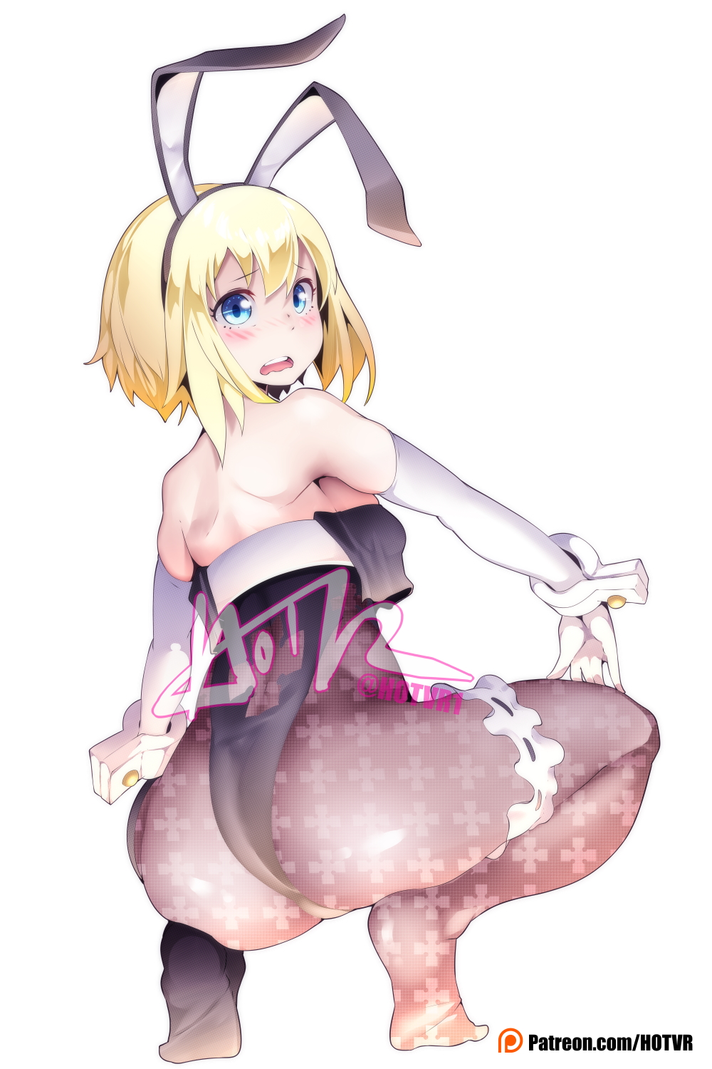 1girls, ass, ass cleavage, back, backboob, black bunny ears, black bunnysuit, black hairband, black leotard, black topwear, blonde female, blonde hair, blonde-haired female, blue eyes, blue-eyed female, blush, blush face, blushing at viewer, blushing female, blushing lines, breasts, bunny ears, bunny girl, bunnygirl outfit, bunnysuit, busty, busty female, butt crack, calves, digital, digital art, digital drawing, digital drawing (artwork), digital media, digital media (artwork), elbows, embarrassed, embarrassed expression, embarrassed female, enen no shouboutai, feet, female, female focus, female only, fingers, fire force, flustered, flustered female, full body, groin, hair between eyes, hand on leg, hand on own leg, hand on own thigh, hand on thigh, high resolution, highres, hotvr, hourglass figure, knees, large breasts, lean figure, legs, legs folded, looking at viewer, looking back, looking back at viewer, medium hair, narrow waist, nun, open mouth, parted lips, shoulders, sideboob, sidelocks, simple background, sister iris (enen no shouboutai), sister iris (fire force), sitting, slender body, slender waist, slim waist, soles, solo, squatting, squatting female, thick thighs, thighs, tongue, upper teeth, white background, white wrist cuffs, wide hips, wrist cuffs
