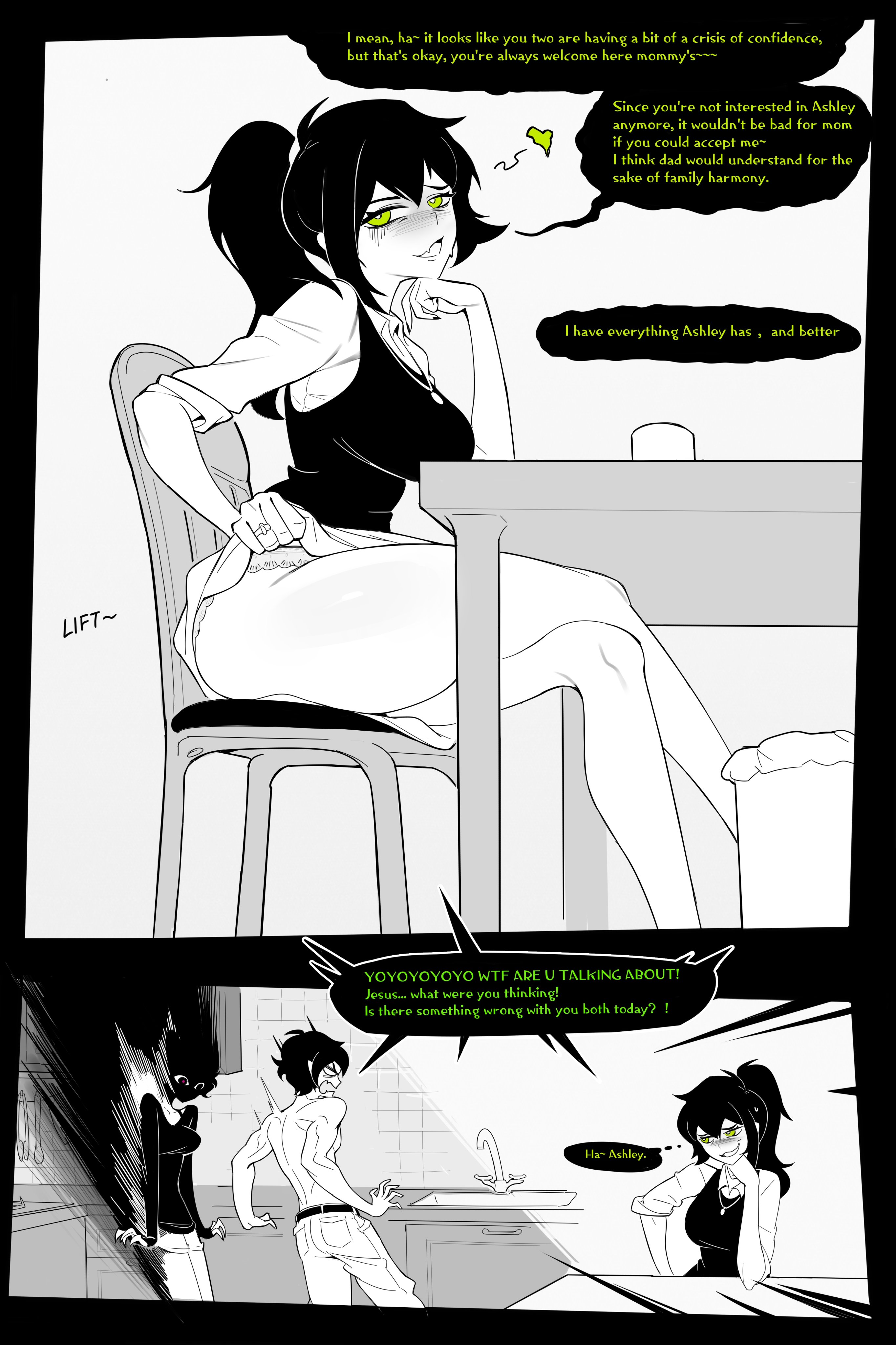 1girls, 2girls, absurd res, airloopy, andrew graves, ashley graves, assertive female, black hair, brother, brother and sister, clothed, clothing, daughter, english text, family, female, flirting, green eyes, heart, hi res, horny female, incest, incest (lore), incestuous, jealous, jealous female, mature, mature female, mature woman, milf, mother, mother and child, mother and daughter, mother and son, panties, parent and child, ponytail, renee graves, ring, seductive, shirtless male, siblings, sister, skirt, skirt lift, son, teasing, text, text bubble, the coffin of andy and leyley, thick thighs, thought bubble, topless, underwear, wedding ring