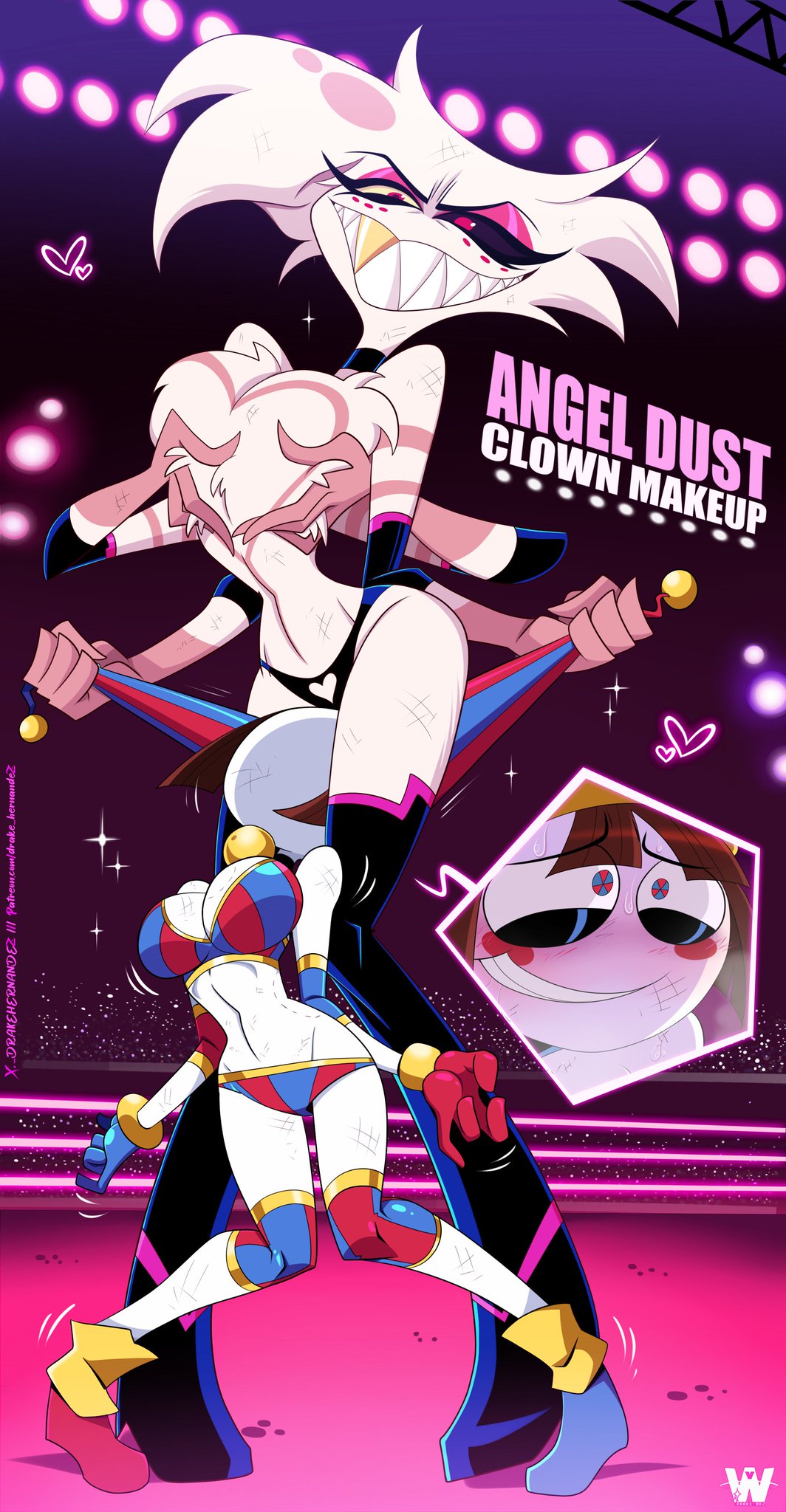 1boy, 1girls, angel dust (hazbin hotel), big breasts, blush, breasts, brown hair, catfight, creepy smile, english text, female, glitch productions, gooseworx, great dude, hazbin hotel, hellaverse, large breasts, male, male/female, pomni (the amazing digital circus), short hair, text, the amazing digital circus, vivienne medrano, vivziepop, wrestler, wrestling, wrestling outfit, wrestling ring