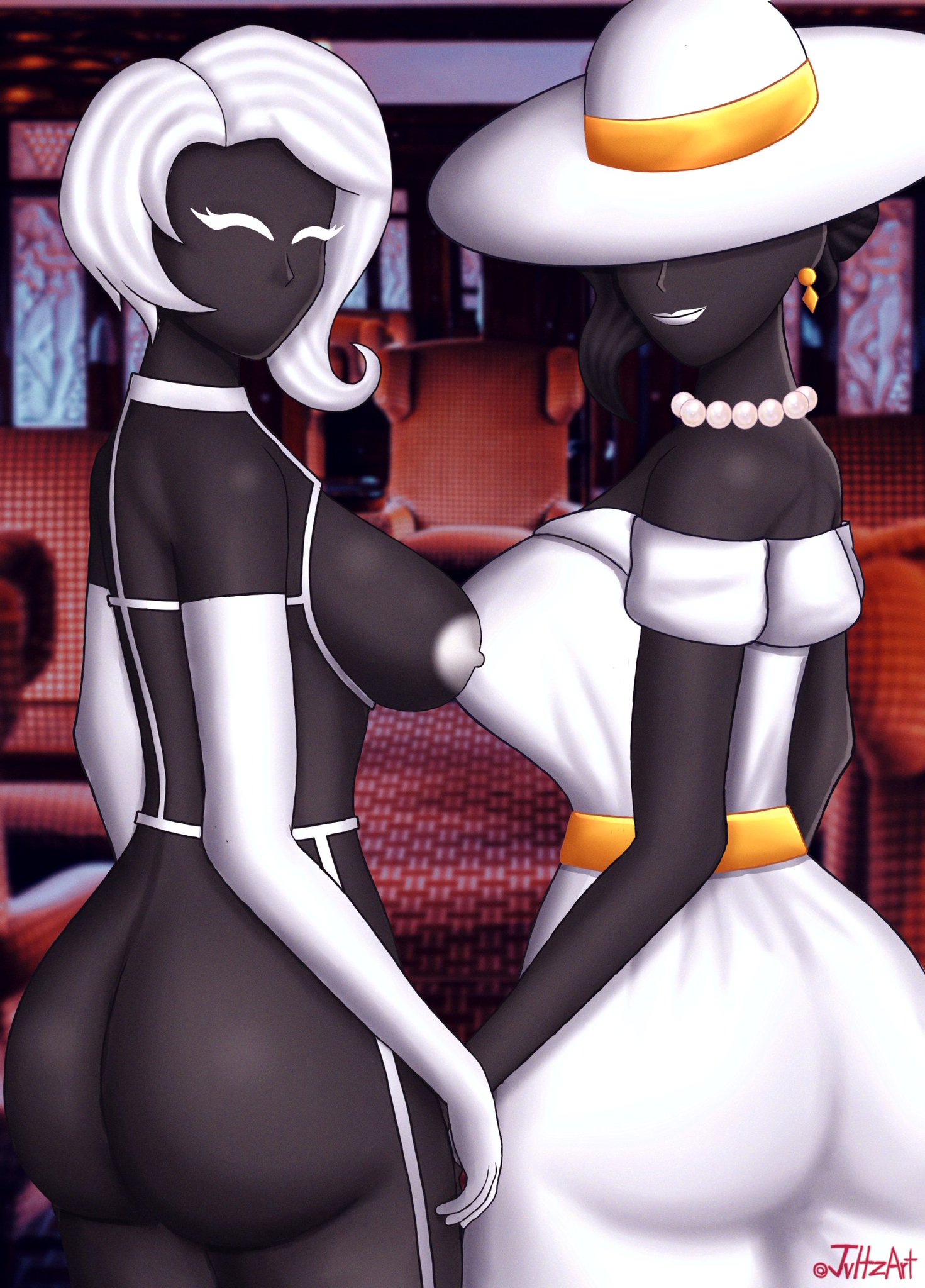 2d, 2girls, ass, beholder (series), beholder conductor, breasts, dress, eva gray, female, female only, garter belt, garter straps, hat, lingerie, mature female, michelle shimanskaya, nipples, smiling