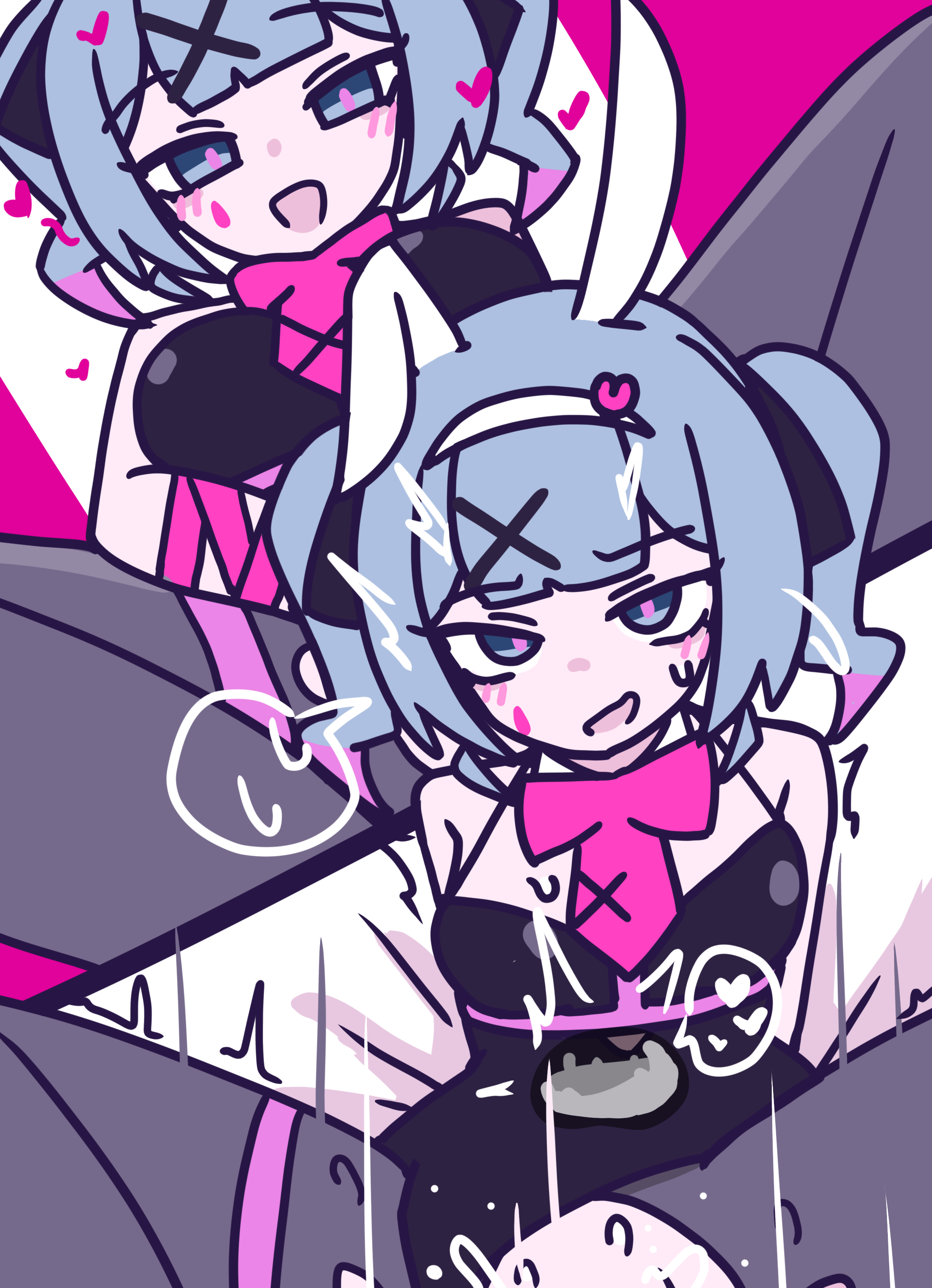 1boy, 1girl, animal ears, bangs, blue eyes, blue hair, blush, bow, breasts, bunny ears, bunny girl, bunnysuit, creampie, cum, cum in pussy, fake animal ears, female, hair ornament, hatsune miku, heart, hetero, implied sex, leotard, looking at viewer, open mouth, pantyhose, pink bow, playboy bunny, pov, rabbit ears, rabbit hole (vocaloid), sex, smile, torn clothes, twintails, voifoooork, x hair ornament, x-ray