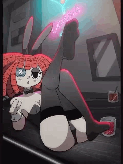 1girls, animated, breasts, bunny ears, bunnysuit, diives, feet, female, female only, foot focus, lust, medium breasts, pale skin, pale-skinned female, ragatha (the amazing digital circus), red hair, solo, stockings, swinging legs, the amazing digital circus, thighhighs