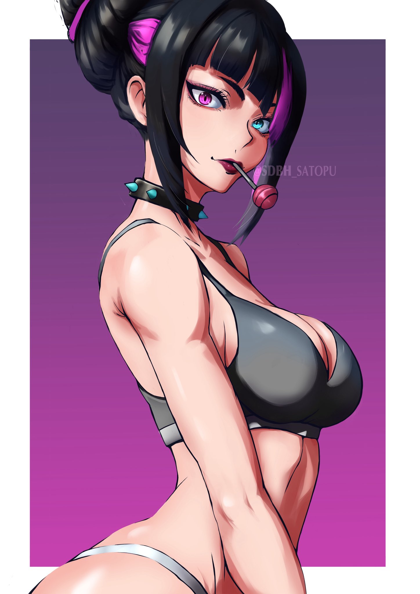 1girls, adult, adult female, bare arms, bare back, bare belly, bare chest, bare hands, bare hips, bare midriff, bare shoulders, bare skin, bare thighs, belly, belly button, black choker, black hair, black-haired female, blue eyes, blue-eyed female, blunt bangs, bra, breasts, busty, busty female, capcom, choker, curvaceous, curvaceous body, curvaceous female, curvaceous figure, curvaceous hips, curvy, curvy body, curvy female, curvy figure, curvy hips, diagonal bangs, digital, digital art, digital drawing, digital drawing (artwork), digital media, digital media (artwork), elbows, exposed arms, exposed back, exposed belly, exposed chest, exposed hips, exposed midriff, exposed shoulders, exposed skin, exposed thighs, female, female focus, female only, gradient background, grey bra, grey panties, grey underwear, hair bun, half naked, half nude, head tilt, heterochromia, high resolution, highres, hourglass figure, juri han, large breasts, lean figure, lips, lolipop, looking at viewer, looking sideways, looking to the side, mature, mature female, midriff, multicolored hair, naked, naked female, naked woman, narrow waist, navel, nude, nude female, nudity, panties, pink eyes, pink hair, pink-eyed female, pink-haired female, purple background, sdbh satopu, semi nude, short hair, shoulders, sideboob, sidelocks, simple background, slender body, slender waist, slim waist, solo, standing, street fighter, tilted head, twin buns, underwear, underwear only, upper body, wide hips
