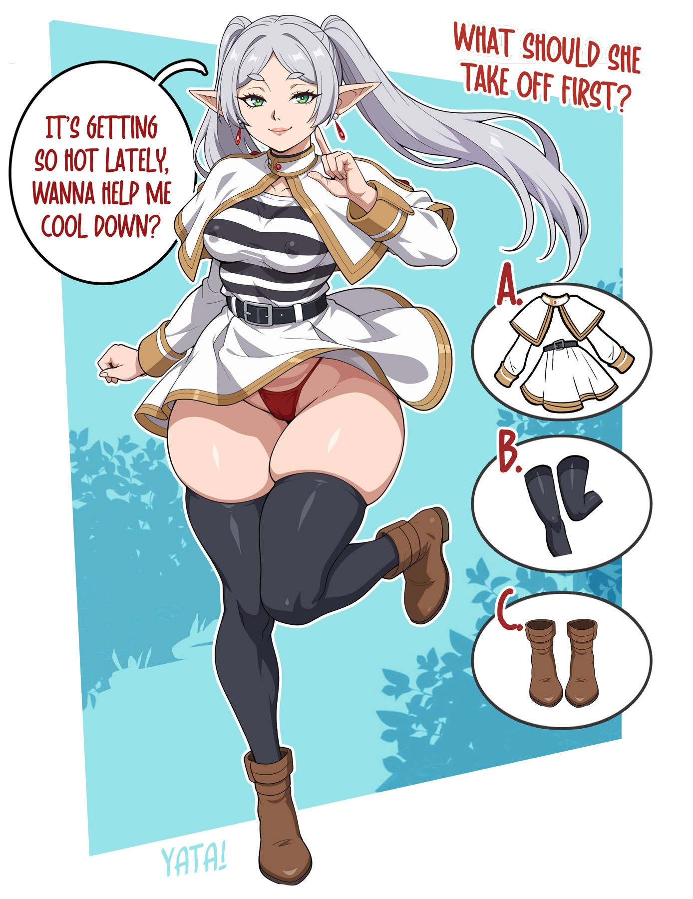 1girls, breasts, elf, elf ears, elf female, female, female only, frieren, large breasts, light skin, light-skinned female, looking at viewer, solo, sousou no frieren, strip game, thick thighs, thighhighs, thighs, wide hips, yatagarasupen