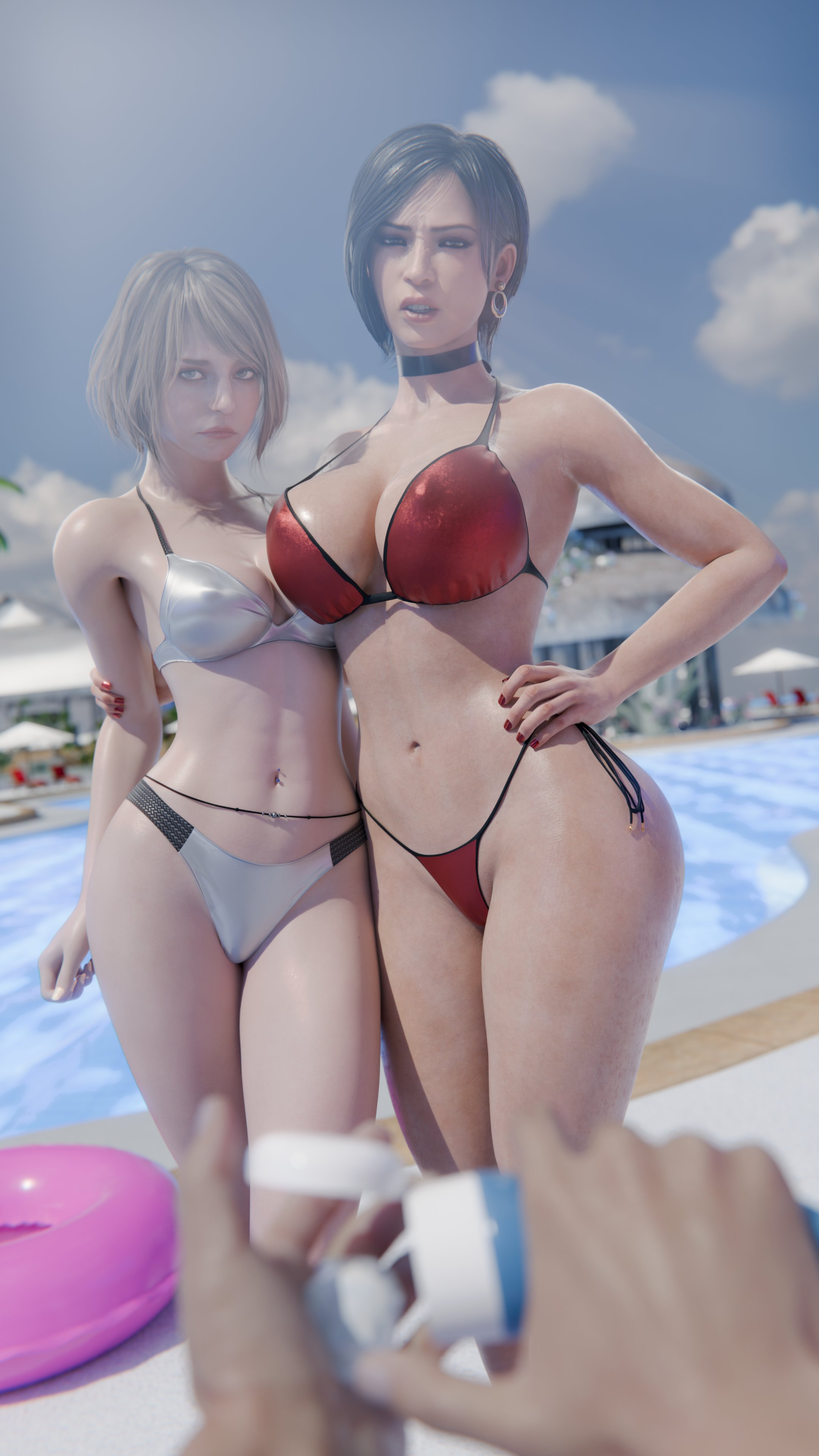 2girls, 3d, ada wong, ashley graham, big breasts, black hair, blonde hair, breasts, busty, capcom, female, female focus, female only, fit female, full lips, hourglass figure, human, human female, large breasts, light-skinned female, mature female, navel, pool, poolside, resident evil, serpentorder, slim waist, tagme, variant set, wide hips