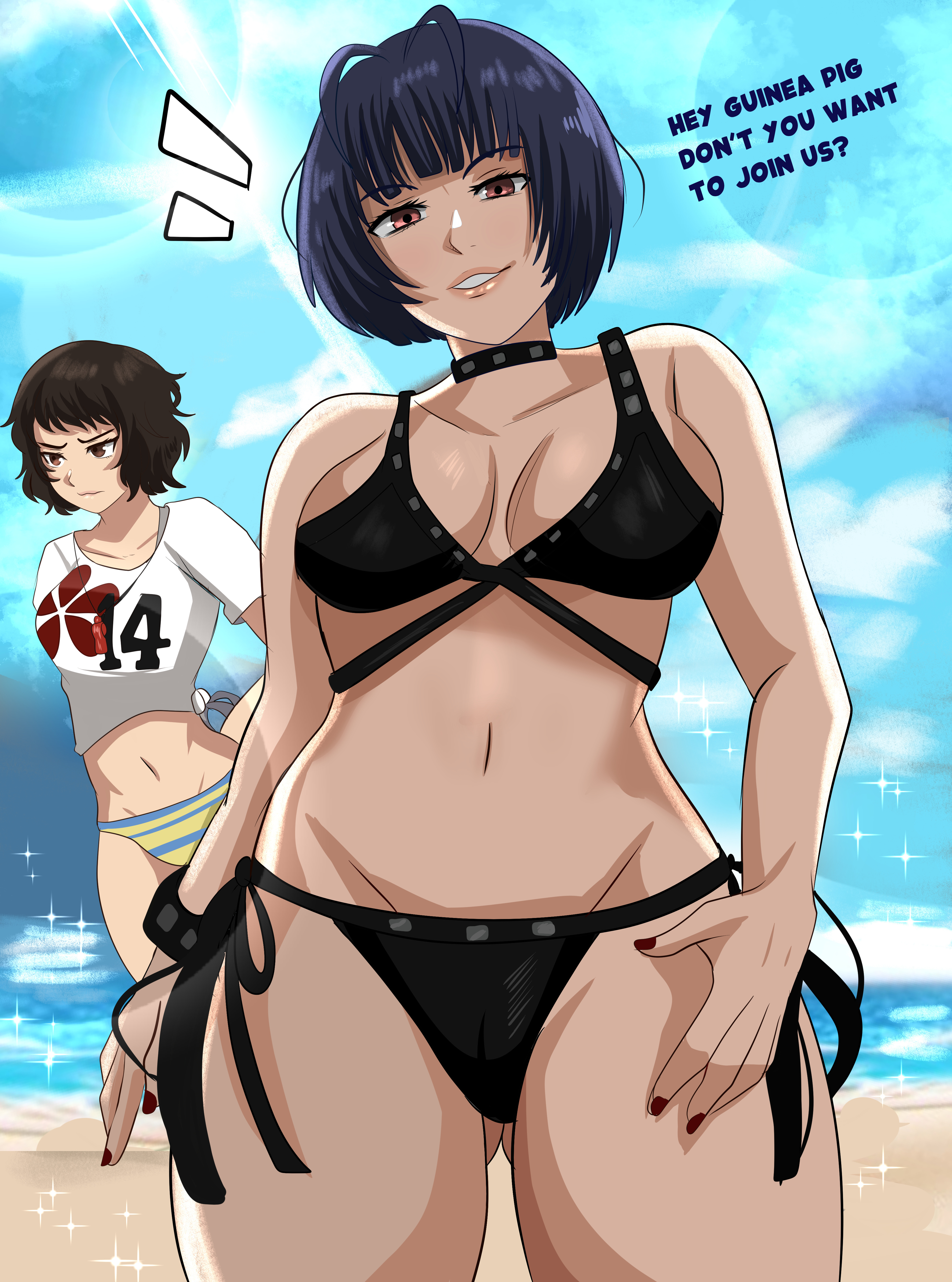 2girls, beach, bikini, black bikini, blue hair, breasts, brown eyes, brown hair, cameltoe, choker, female, female focus, female only, karbuitt, looking at viewer, nail polish, navel, persona, persona 5, sadayo kawakami, sadayo kawakami (swimsuit), shirt, short hair, side-tie bikini bottom, side-tie shirt, striped bikini, swimwear, t-shirt, tae takemi, whistle, whistle around neck, white t-shirt