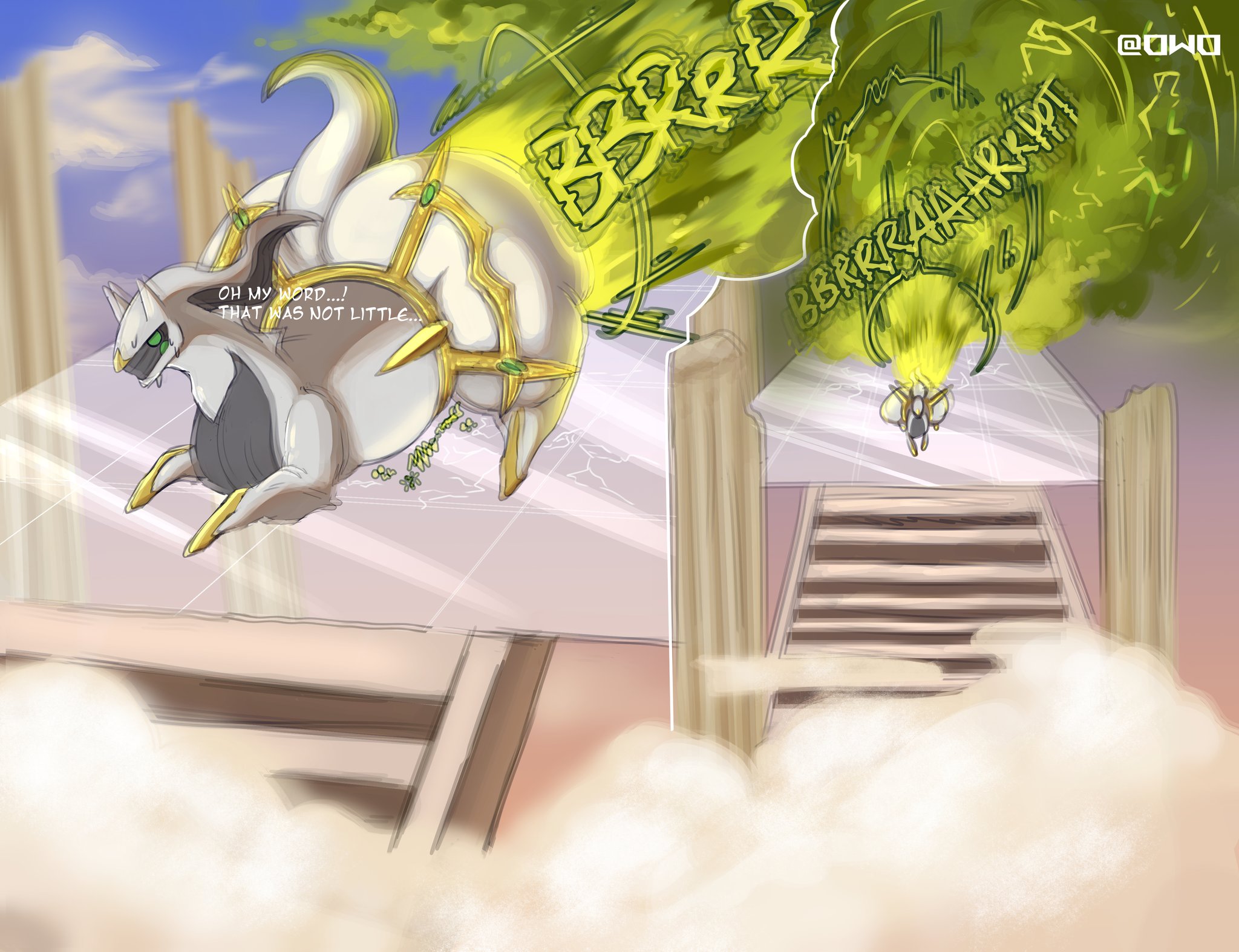 1boy, arceus, ass, big ass, big butt, chubby, chubby male, comic, deity, dialogue, fart, fart cloud, fart fetish, farting, god, green fart, green fart cloud, huge ass, huge butt, hyper ass, hyper butt, hyper fart, male, male fart, male only, no mouth, nonhuman, onomatopoeia, othis0, pokemon, pokemon (species), solo, tagme, tail, talking to self, text, white body