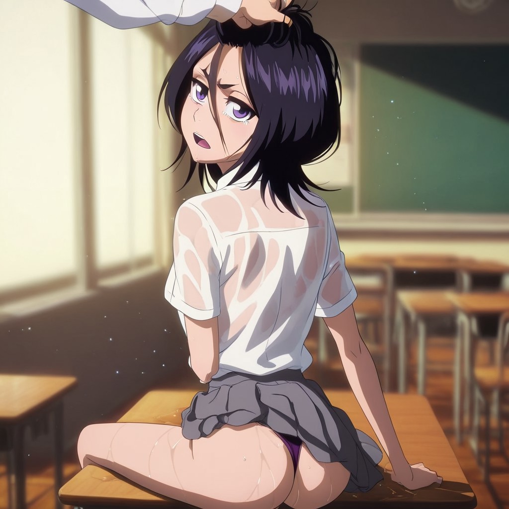 1girls, about to be raped, abuse, ai generated, ass, bleach, female, kuchiki rukia, light-skinned female, pulling hair, school uniform, schoolgirl, spardai (artist), tears, young