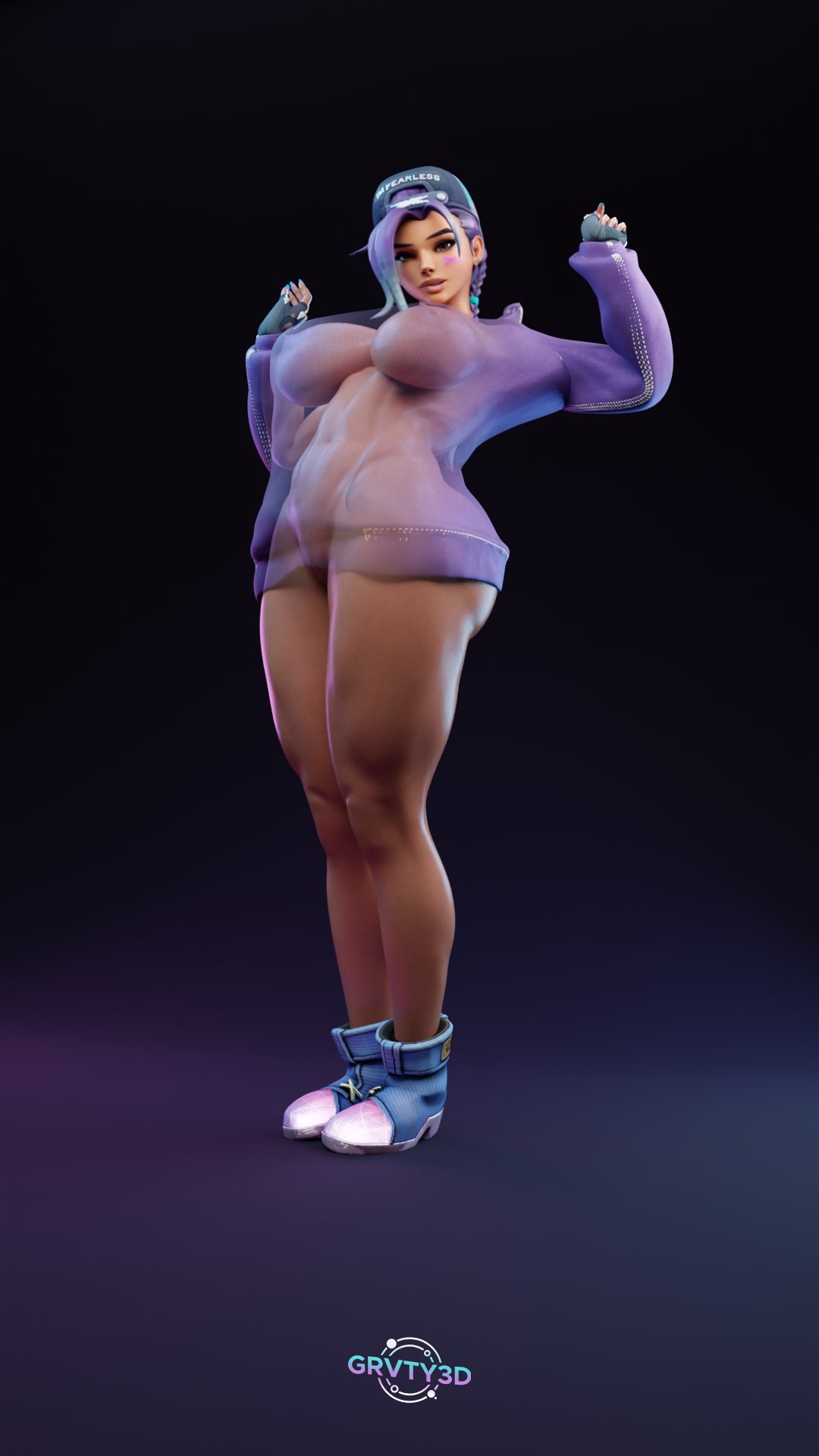 1girls, 3d, antifragile slay star, artist name, ass, asymmetrical bangs, backwards baseball cap, baseball cap, big ass, big breasts, boots, bottomless, braid, braided hair, breasts, bubble ass, bubble butt, curvaceous, curvy, curvy female, curvy figure, dark skin, dark-skinned female, ear piercing, face paint, facial mark, fat ass, female, female only, fingerless gloves, footwear, from side, full body, gloves, grvty3d, hat, headwear, hoodie, huge ass, hyper ass, le sserafim, long hair, looking at viewer, mexican, mexican female, mole, mole under eye, multicolored hair, overwatch, overwatch 2, purple eyes, purple hair, shiny skin, side view, simple background, solo, sombra, standing, voluptuous, voluptuous female, wide hips, x-ray, x-ray view