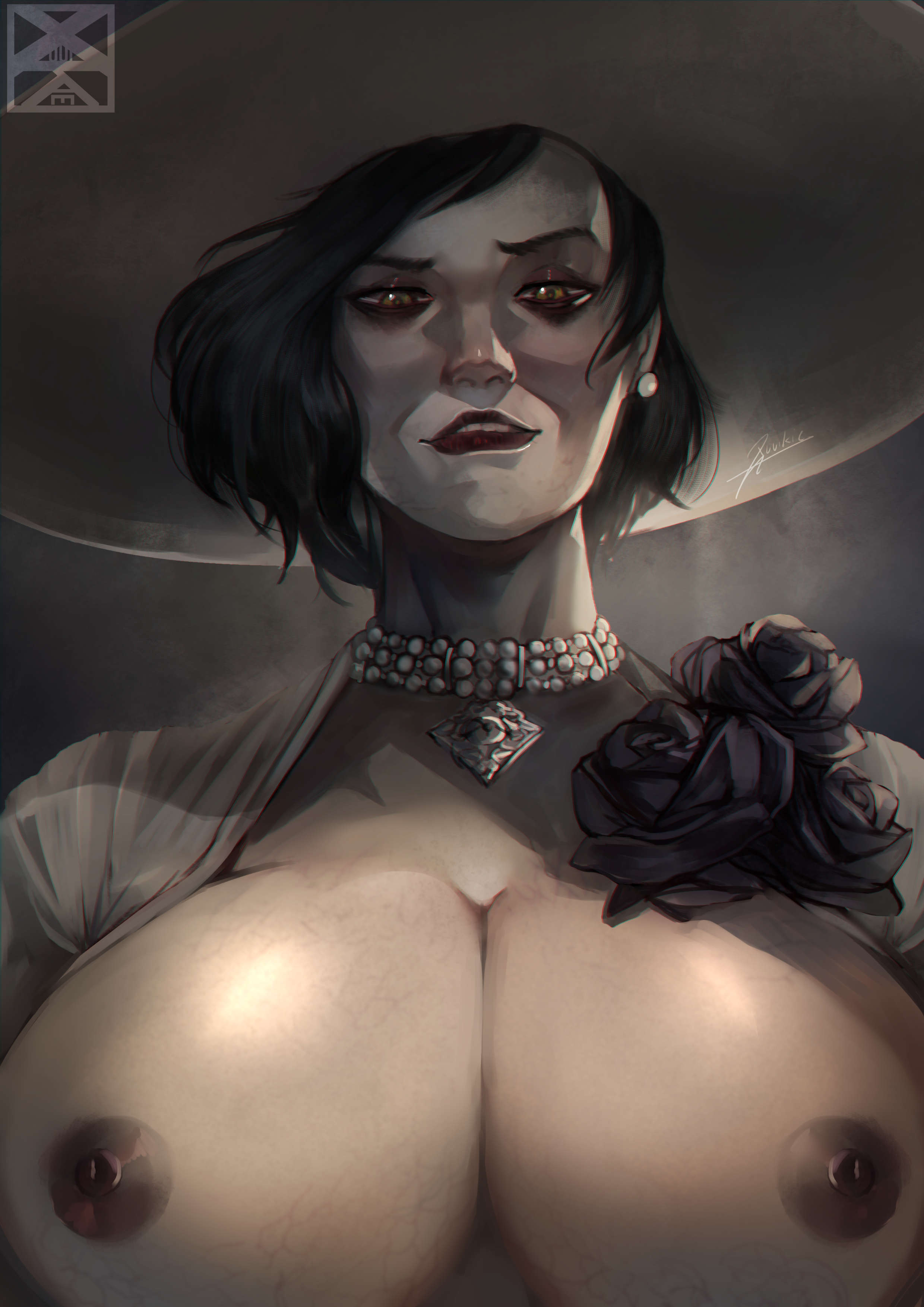 1girls, 2021, alcina dimitrescu, areolae, big breasts, black hair, breasts, breasts out, capcom, female, female only, flower, hat, large hat, looking at viewer, narrowed eyes, nipples, pale skin, pale-skinned female, pearl necklace, red lipstick, resident evil, resident evil 8: village, smiling, smiling at viewer, solo, very high resolution, xuuikie, xuuikie ashe