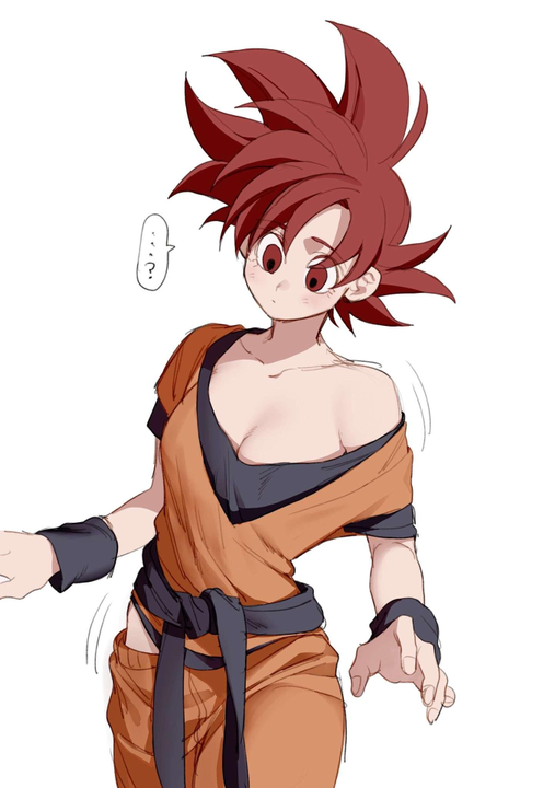 1girls, breasts, cleavage, clothed, clothing, dragon ball, female, female focus, female goku, female only, giant breasts, goku, hips, kkkkkirrier, solo, son goku, super saiyan, super saiyan god, titties, wardrobe malfunction