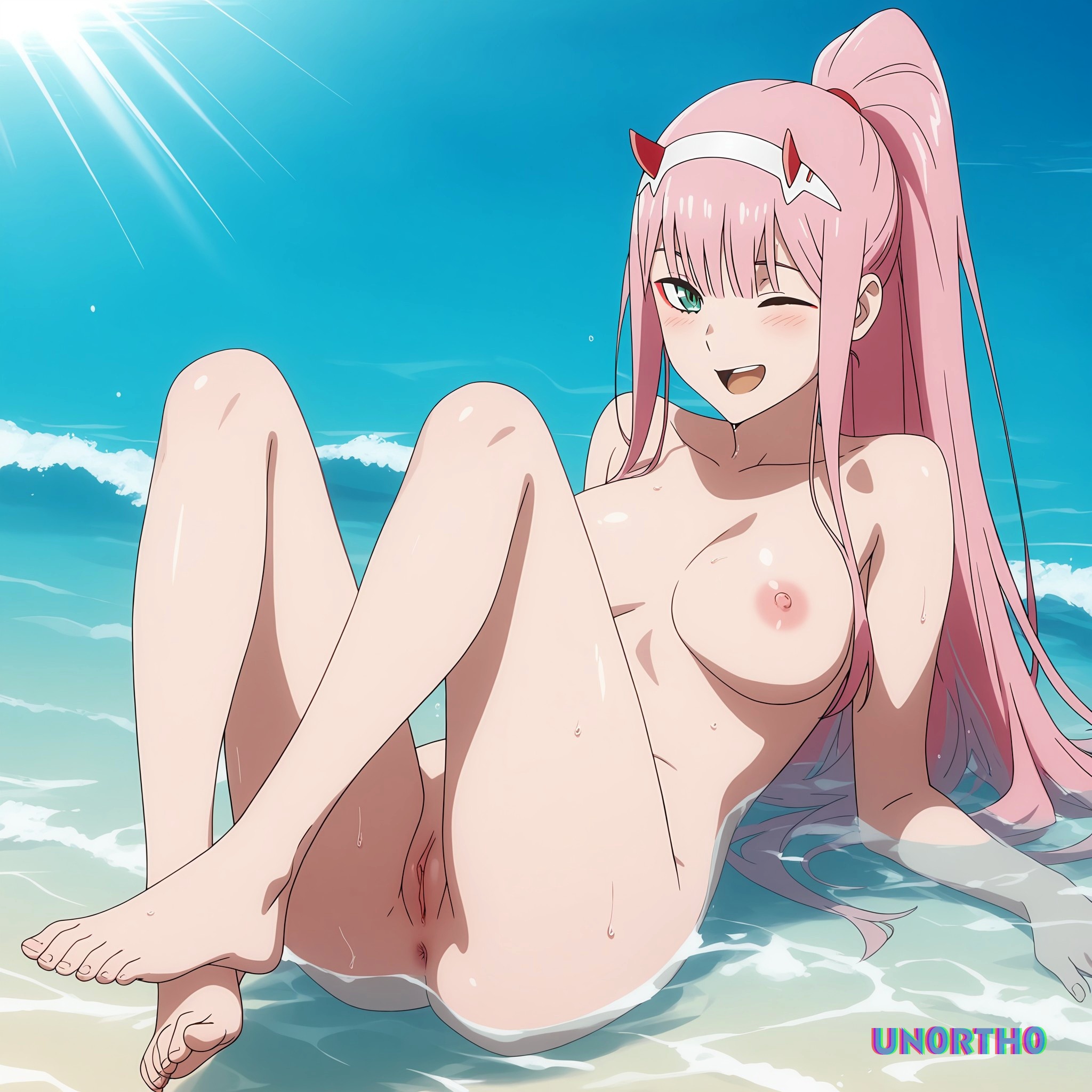1girls, ai generated, anus, beach, big breasts, breasts, darling in the franxx, female, green eyes, hairband, happy, hi res, horns, in water, nipples, one eye closed, open mouth, pink hair, pussy, sea, seaside, smile, sunny, un0rth0, water, wet, zero two (darling in the franxx)