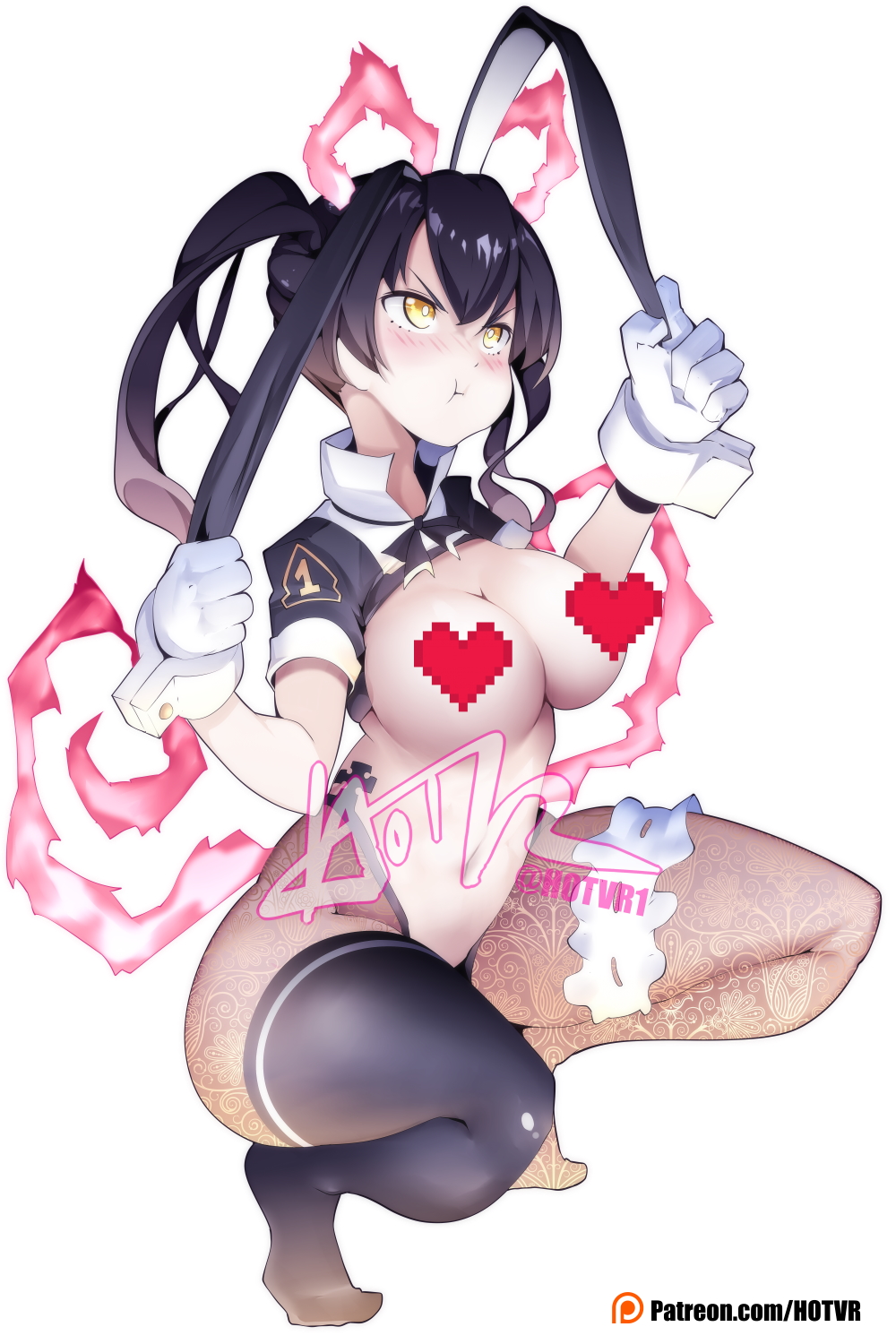 1girls, bare belly, bare midriff, bare navel, bare skin, belly, belly button, black bunny ears, black hair, black hairband, black legwear, black stockings, black thigh highs, black thighhighs, black-haired female, blush, blush face, blushing female, blushing lines, breasts, bunny ears, busty, busty female, busty teenager, calves, censored, censored breasts, censored genitalia, censored nipples, censored pussy, censored vagina, cleavage, collar, collarbone, digital, digital art, digital drawing, digital drawing (artwork), digital media, digital media (artwork), elbows, embarrassed, embarrassed expression, embarrassed female, enen no shouboutai, exposed belly, exposed midriff, exposed navel, exposed skin, feet, female, female focus, female only, fingers, fire force, firefighter, flustered, flustered female, frown, frown eyebrows, frowning, full body, gloves, groin, hair between eyes, hairband, half naked, half nude, high resolution, highres, hotvr, hourglass figure, knees, kotatsu tamaki, large breasts, lean figure, legs, legs folded, legwear, long hair, midriff, naked, naked female, naked woman, narrow waist, navel, nude, nude female, nudity, pantyhose, pout, pouting, pouting lips, pouty lips, pussy, reverse bunnysuit, semi nude, shoulders, simple background, sitting, slender body, slender waist, slim waist, soldier, solo, squatting, squatting female, stockings, teenage female, teenager, thick thighs, thigh highs, thighhighs, thighs, tights, toes, twintails, twintails (hairstyle), white background, white collar, white gloves, white pupils, wide hips, yellow eyes, yellow-eyed female, young female, young woman