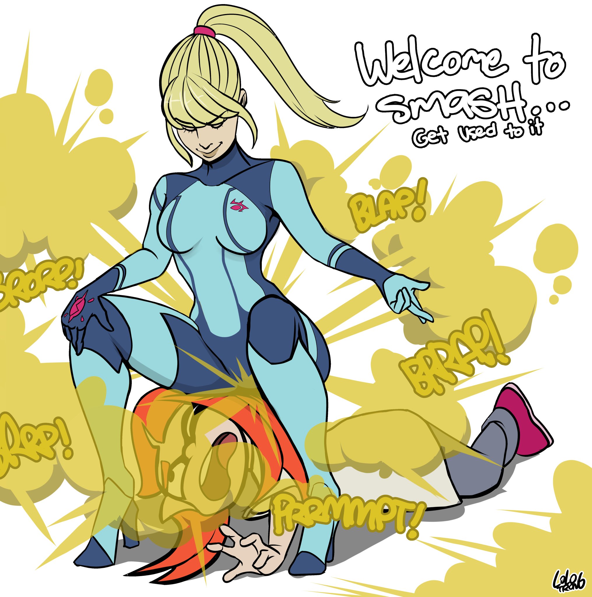 big ass, blonde hair, blue eyes, facefart, facesitting, fart, fart cloud, fart fetish, farting, farting in face, farting on face, female, inkling, inkling girl, kaori (splatoon), lolotron, metroid, nintendo, samus aran, sitting on face, splatoon, splatoon (series), super smash bros., super smash bros. ultimate, zero suit, zero suit samus