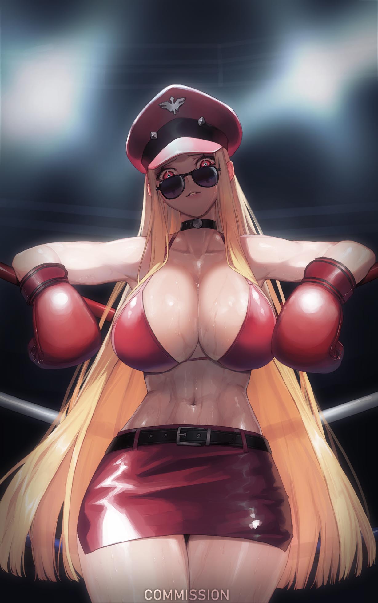 aviator_sunglasses bangs bikini blonde_hair boxing_gloves boxing_ring breasts choker cleavage collarbone female hat highres large_breasts long_hair looking_at_viewer looking_over_eyewear looking_over_glasses looking_over_sunglasses navel original parted_lips peaked_cap pencil_skirt purple-tinted_eyewear red_bikini red_eyes skirt smirk solo sunglasses sweat swimsuit tinted_eyewear tunamayo_(dsasd751)