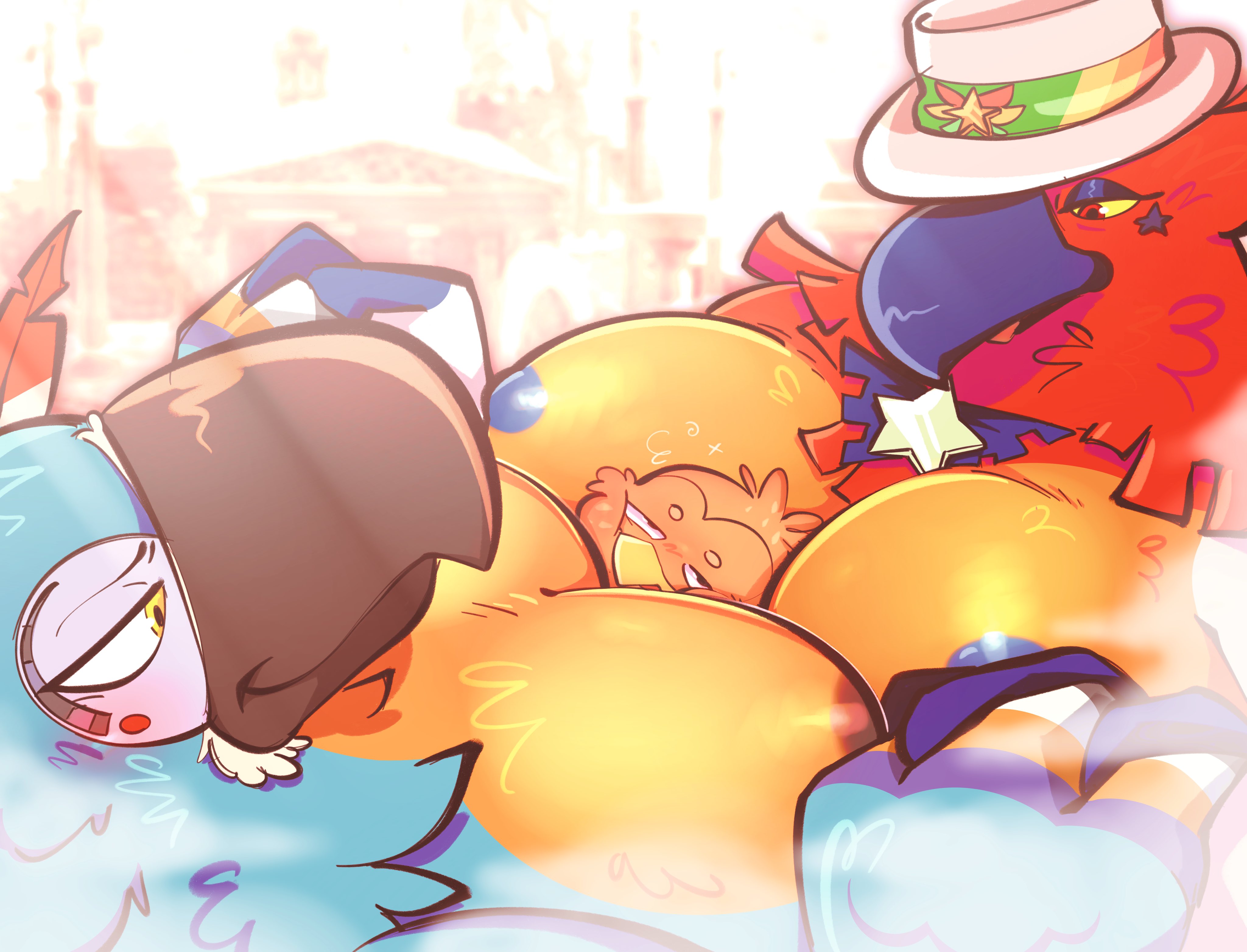 2d, 3boys, absurd res, avian, beak, between pecs, between pectorals, big pecs, bird, blissful, blue body, blue feathers, blush, breath of the wild, clothing, crossover, demon, furry, furry only, gay, handholding, hat, headwear, holding hands, kass (zelda), kings of hell, male, male only, multiple boys, multiple males, muscular, muscular anthro, muscular male, mythology, nintendo, nipples, no genitals, no sex, nonhuman, pecs, pecs touching, phenex (kings of hell), red body, red feathers, rito, salamikii, size difference, smile, smiling at another, the legend of zelda, tophat