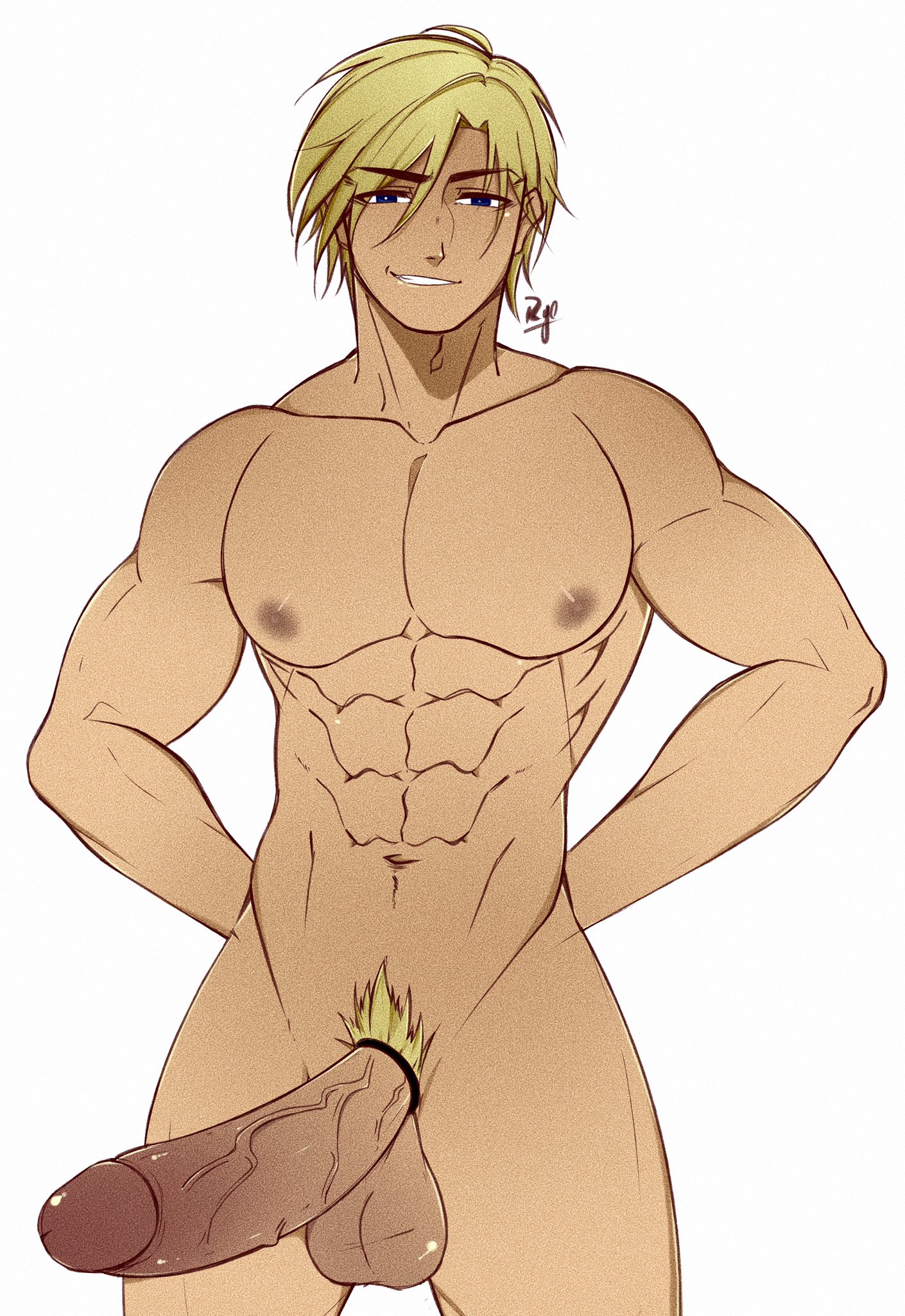 1boy, abs, balls, bara, big balls, big penis, cock ring, gay, male, male only, muscles, muscular, muscular male, penis, presenting, presenting penis, proud of his cock, pubes, ryee, sky (winx club), smirk, solo focus, tanned skin, winx club, yaoi