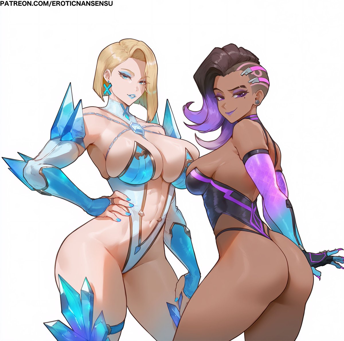 2girls, ai assisted, ai generated, ass, breasts, dark skin, dark-skinned female, emma frost, emma frost (marvel rivals), erotic nansensu, female, female focus, female only, large ass, large breasts, light skin, light-skinned female, looking at viewer, marvel, marvel comics, marvel rivals, overwatch, overwatch 2, sombra, thick thighs, thighs, white background, wide hips