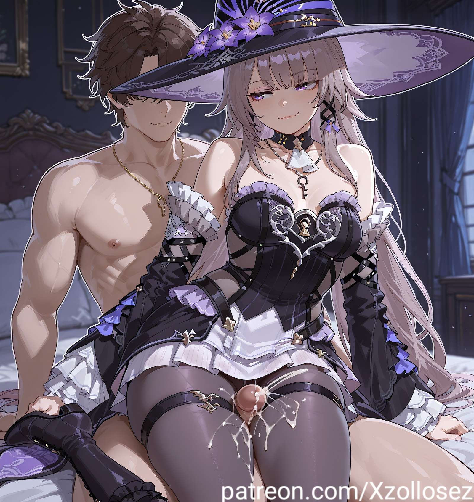 1girls, ai generated, breasts, cum, cum on clothes, cum on leg, detached sleeves, dress, female, high heel boots, high heels, honkai (series), honkai: star rail, large breasts, long hair, long sleeves, pantyhose, patreon, patreon username, purple eyes, sidelocks, smug, the herta (honkai: star rail), thigh sex, thigh strap, witch hat, x hair ornament, xzollosez