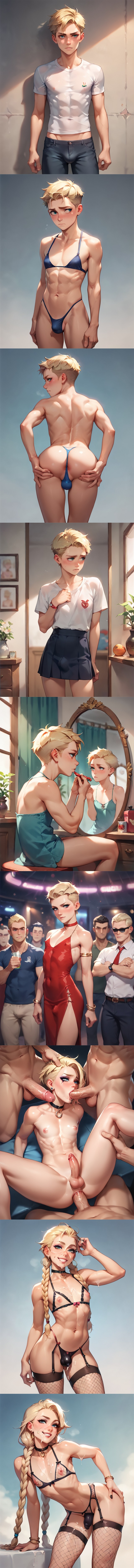 1femboy, ai generated, anal, anal sex, blonde hair, choker, cum, cum drip, cum on face, faggot, femboy, femboy focus, femboysub, feminine male, feminization, fishnets, flat chest, flat chested, gangbang, gay, gay gangbang, large penis, light skin, light-skinned male, lingerie, makeup, male, penis, short hair, sissy, sissyfication, slutification, submissive, thick penis, thin waist, tiny penis, transformation, twink