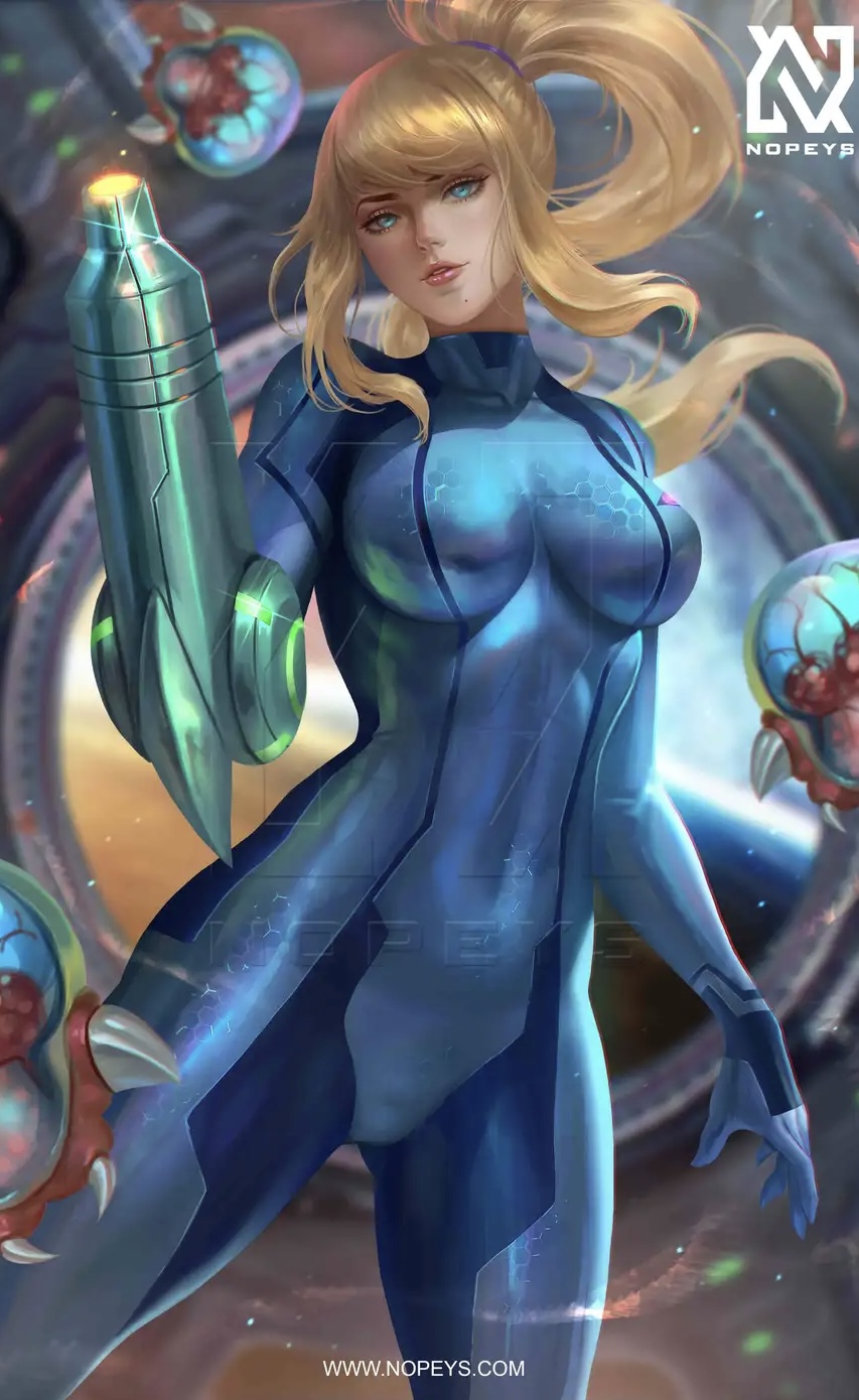 1girls, big breasts, blonde hair, blue eyes, breasts, female, fully clothed, gorgeous, metroid, nintendo, nopeys, ponytail, samus aran, sexy, skin tight, solo, tight clothing, zero suit, zero suit samus