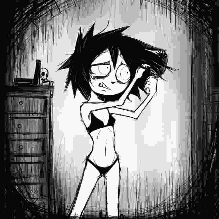 1girls, 2023, black bra, black hair, black panties, bra, brush, brushing hair, clenched teeth, female, i can't sleep, icsanon, navel, nia (i can't sleep), panties, petite, standing, tagme, tears, underwear only, white eyes
