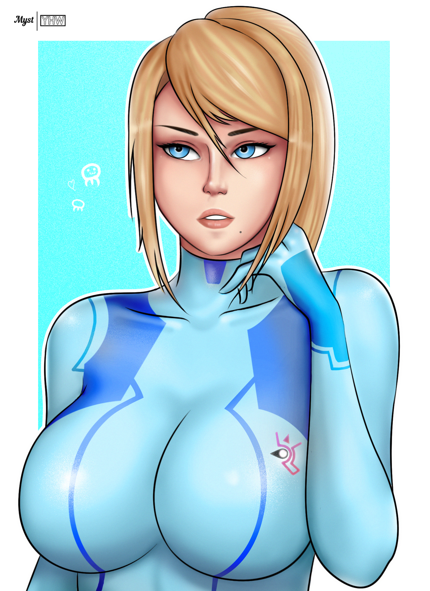 1girls, big breasts, blonde, blonde female, blonde hair, blonde-haired female, blue hair, blue-haired female, bodysuit, boobs, breasts, busty, cyan background, female, female only, fully clothed, gorgeous, light skin, light-skinned female, metroid, mole, myst, nintendo, samus aran, sexy, simple background, skin tight, solo, tight clothing, yhw