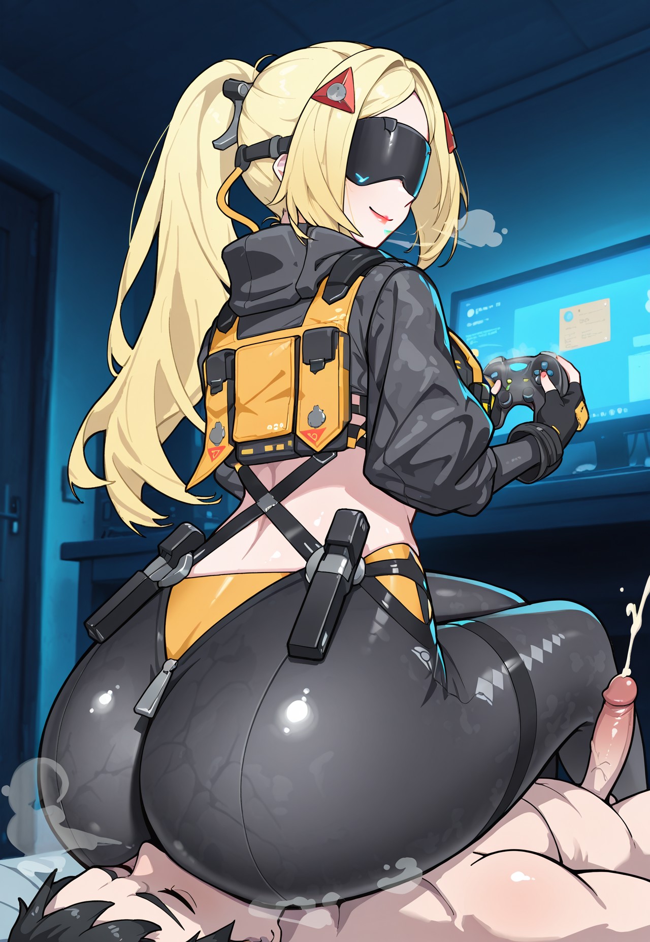 ai generated, ass, ass on face, cum, face in ass, facesitting, female, gamepad, gamer girl, gamer room, huge ass, indoors, male, monitor, nude male, penis, playing videogame, sitting, sitting on face, smelly ass, smile, sniffing ass, thick thighs, trigger (zenless zone zero), zenless zone zero