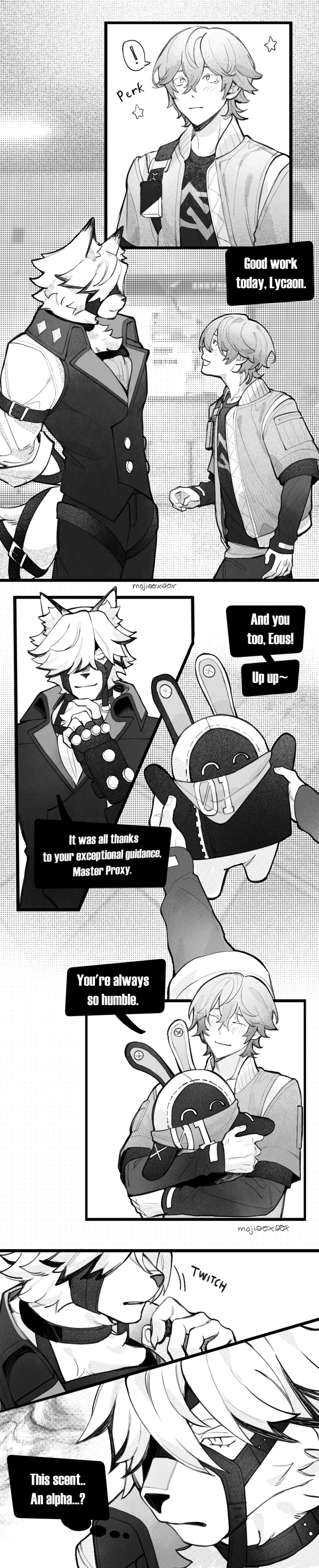 2boys, brothums, comic, gay, male, male only, monochrome, omegaverse, tagme, von lycaon, wise (zenless zone zero), yaoi, zenless zone zero