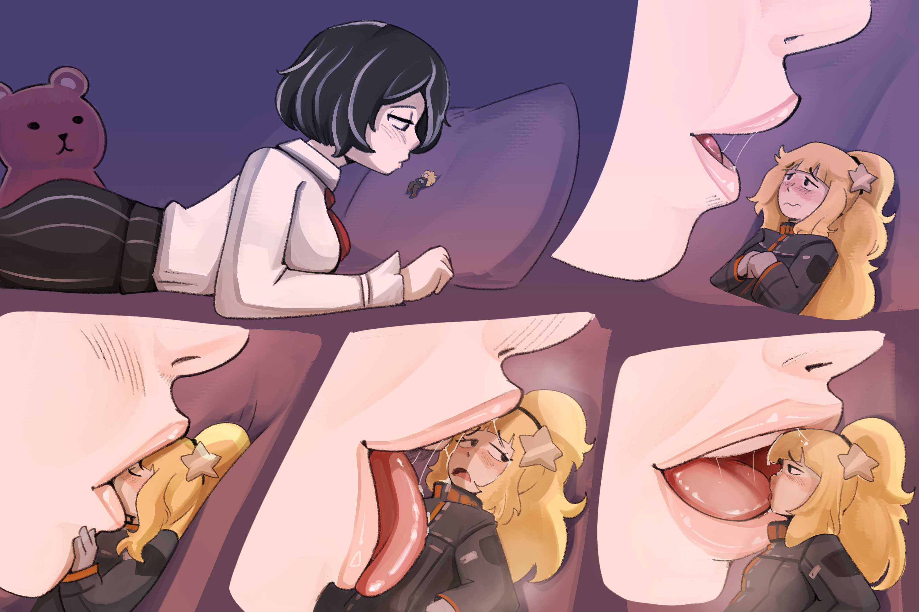 2girls, black hair, blonde hair, breasts, covered in saliva, distortion detective, drinking spit, ezra (distortion detective), female, french kiss, giantess, imminent vore, kissing, licking, light skin, light-skinned female, lips, moses (distortion detective), project moon, saliva, tagme, veruveru21
