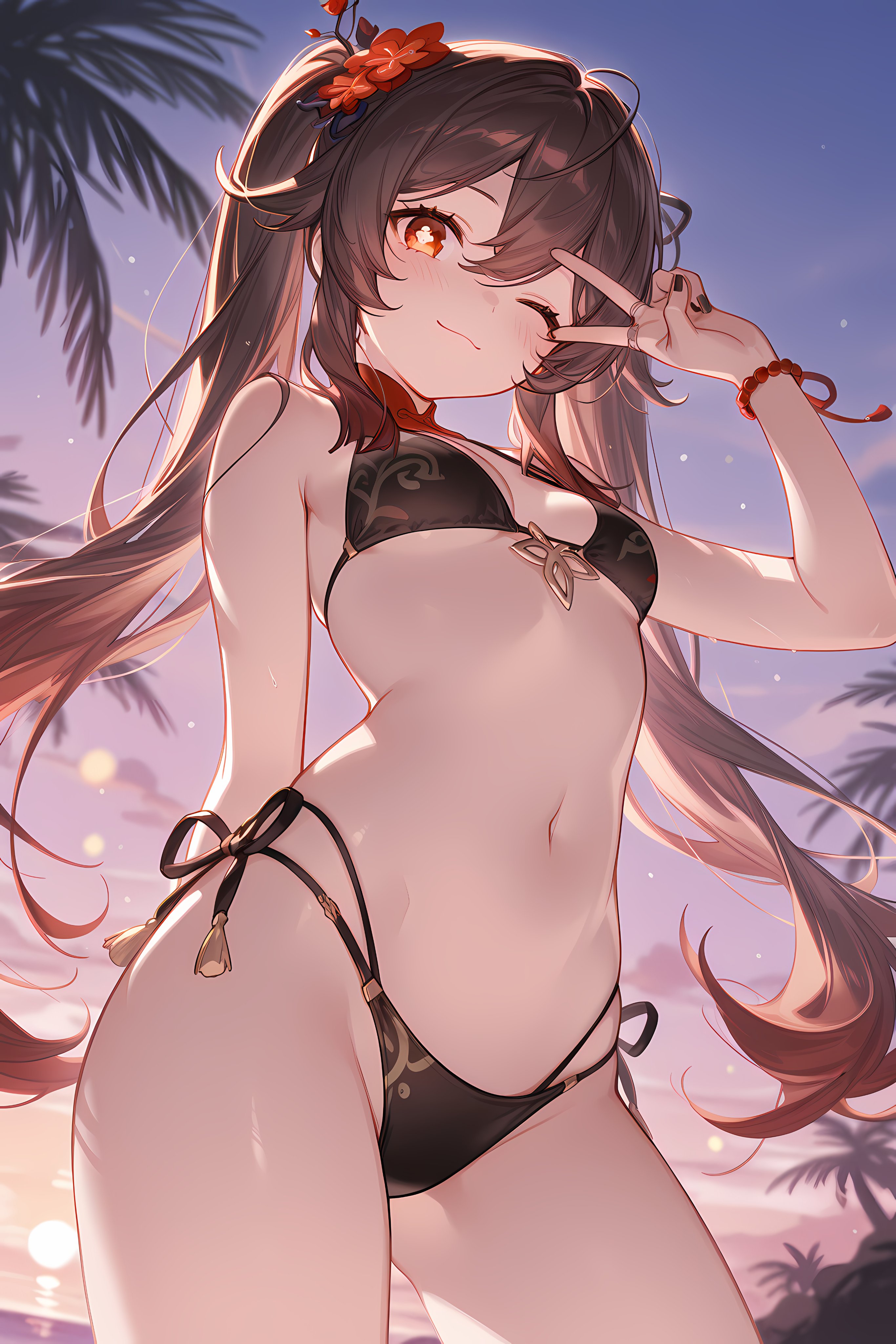 2d, 2d (artwork), ai generated, alternate costume, artist request, beach, bikini, bikini bottom, bikini top, bra, breasts, brown bikini, brown bikini bottom, brown bikini top, brown hair, brown swimsuit, female, flower in hair, flowers, front view, genshin impact, high resolution, highres, hoyoverse, hu tao (genshin impact), light skin, light-skinned female, long pigtails, looking at viewer, mihoyo, one eye closed, outdoors, palm tree, petite, petite body, petite female, pigtails, sky, slim female, small breasts, smiling, smiling at viewer, standing, swimsuit, thong, thong bikini, two piece swimsuit, young, younger female